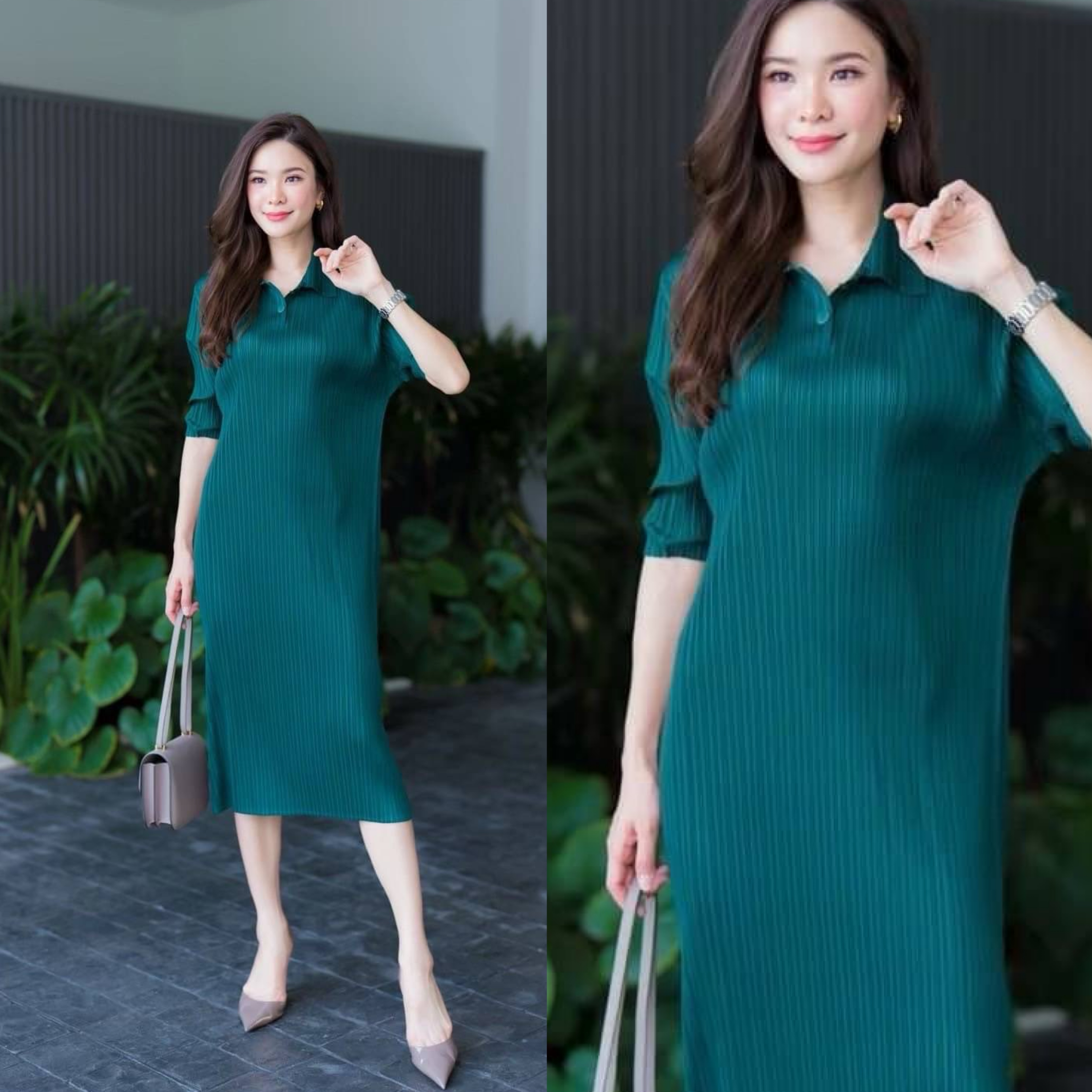 เดรสอัดพลีท คอปก 😙😘 แต่งกระดุมตรง คอ เกร๋กรุบ แขน 4 ส่วนพอสวยงาม ขอบอกว่า 💫💫แพทเทิร์นตัวนี้ เรียบ แต่หรูมากจริงๆคร้าาา ใส่สบาย : สินค้าคุณภาพ (พร้อมส่ง)