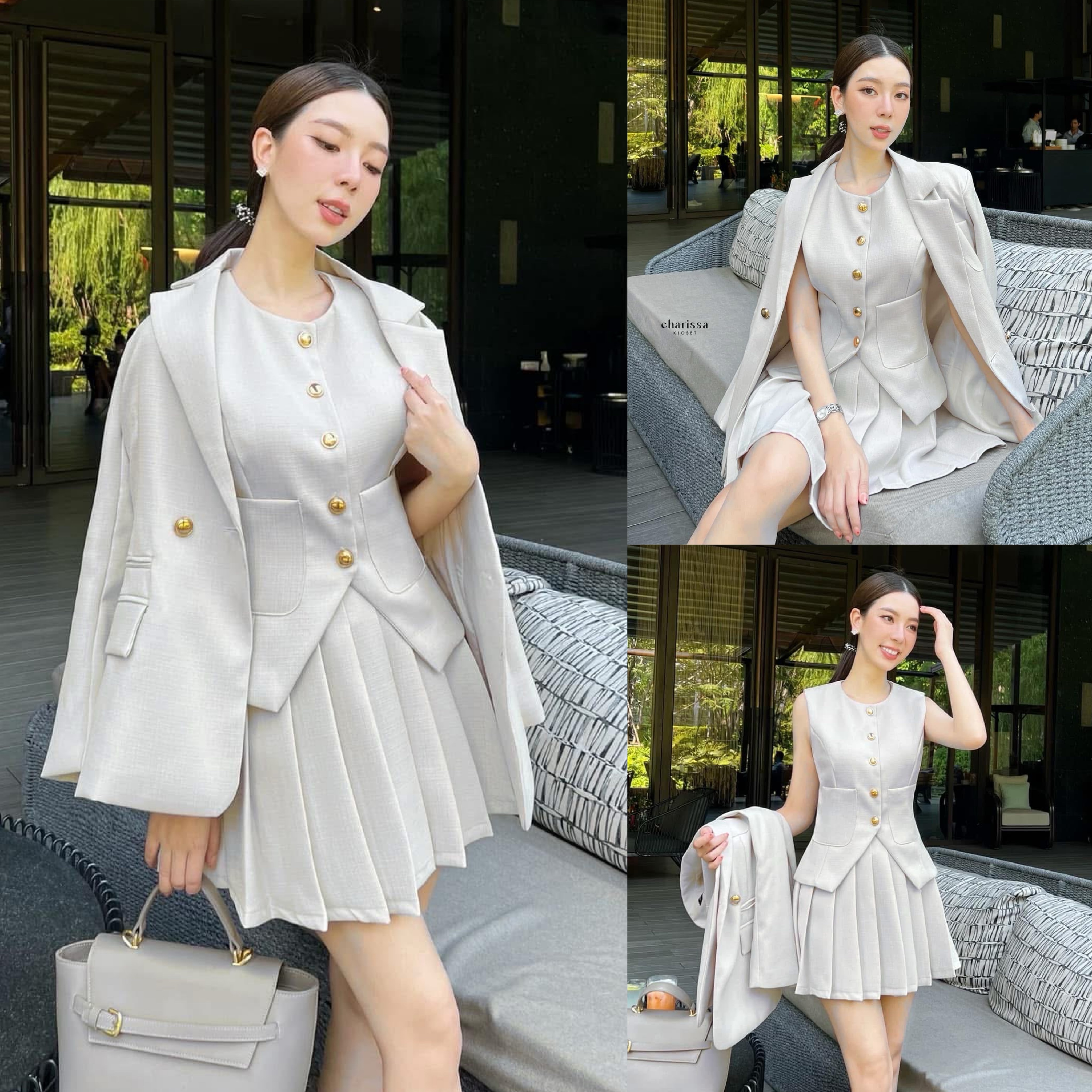 เซ็ทน่ารักๆเสื้อแขนกุด+กระโปรง+Blazer แมทซ์ได้หลายลุคมากๆ ใส่สบาย : สินค้าคุณภาพ (พร้อมส่ง)