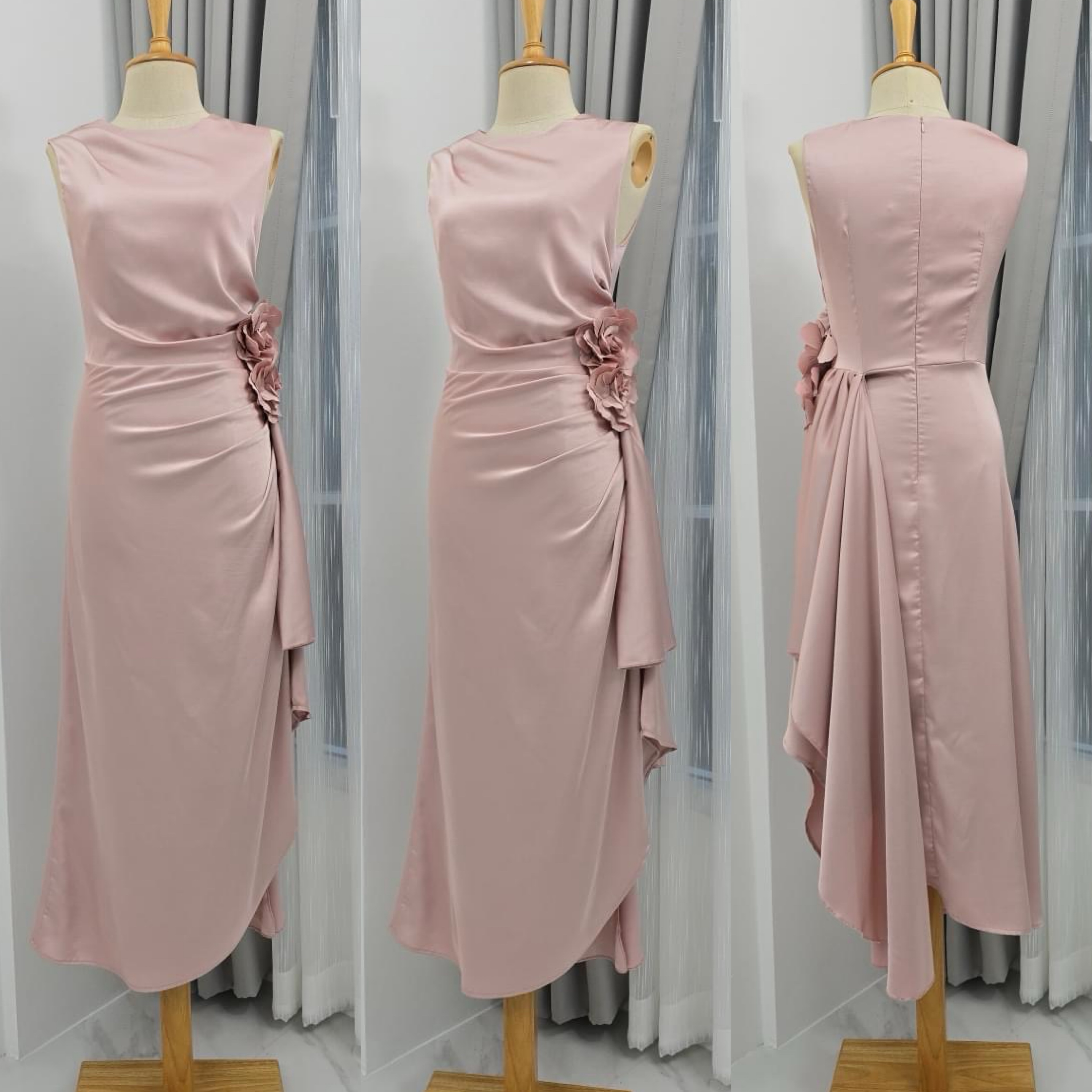 เดรสเสื้อคอกลมแขนกุด กระโปรง จับเดรปข้างสะโพก ปล่อยชายระบาย ใส่สบาย : สินค้าคุณภาพ (พร้อมส่ง)