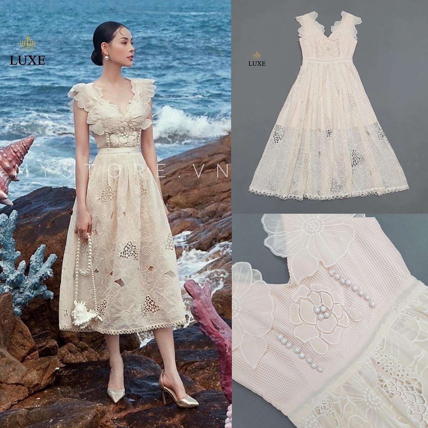 เดรสเสื้อคอวีแขนกุด กระโปรงบานจีบรอบ แต่งกระดุมปั๊มและผ้าฉลุรูปดอกไม้ สินค้าคุณภาพ (พร้อมส่ง)