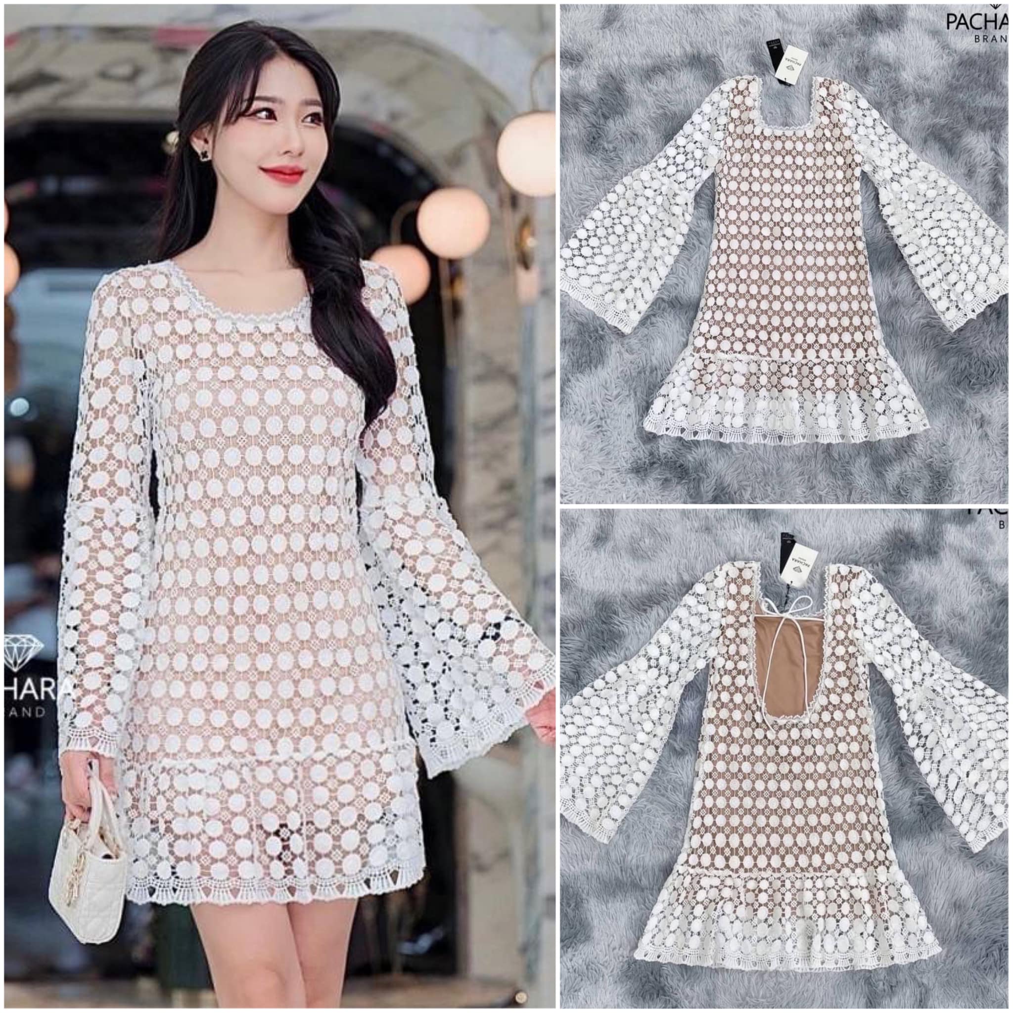 เดรสสั้นแขนยาวสีขาวทรงปล่อย เนื้อผ้าลูกไม้ทอฉลุลายสวยมาก แต่งสาย ผูกโบว์เว้าโชว์ด้านหลัง งานมีซับด้านในสีครีม สินค้าคุณภาพ (พร้อมส่ง)