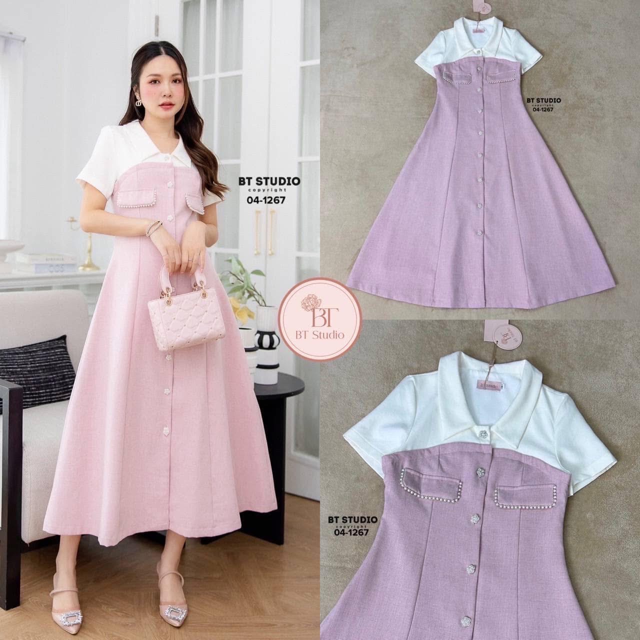 ชุดเดรสยาวเนื้อผ้าตัดต่อคอปกแขนสั้นกระดุมมุกเรียงกันด้านหน้าตัดต่อเนื้อผ้าทวิสต์ช่วงอกจนถึงปลายกระโปรงแต่งจับจีบ ใส่สบาย : สินค้าคุณภาพ (พร้อมส่ง)