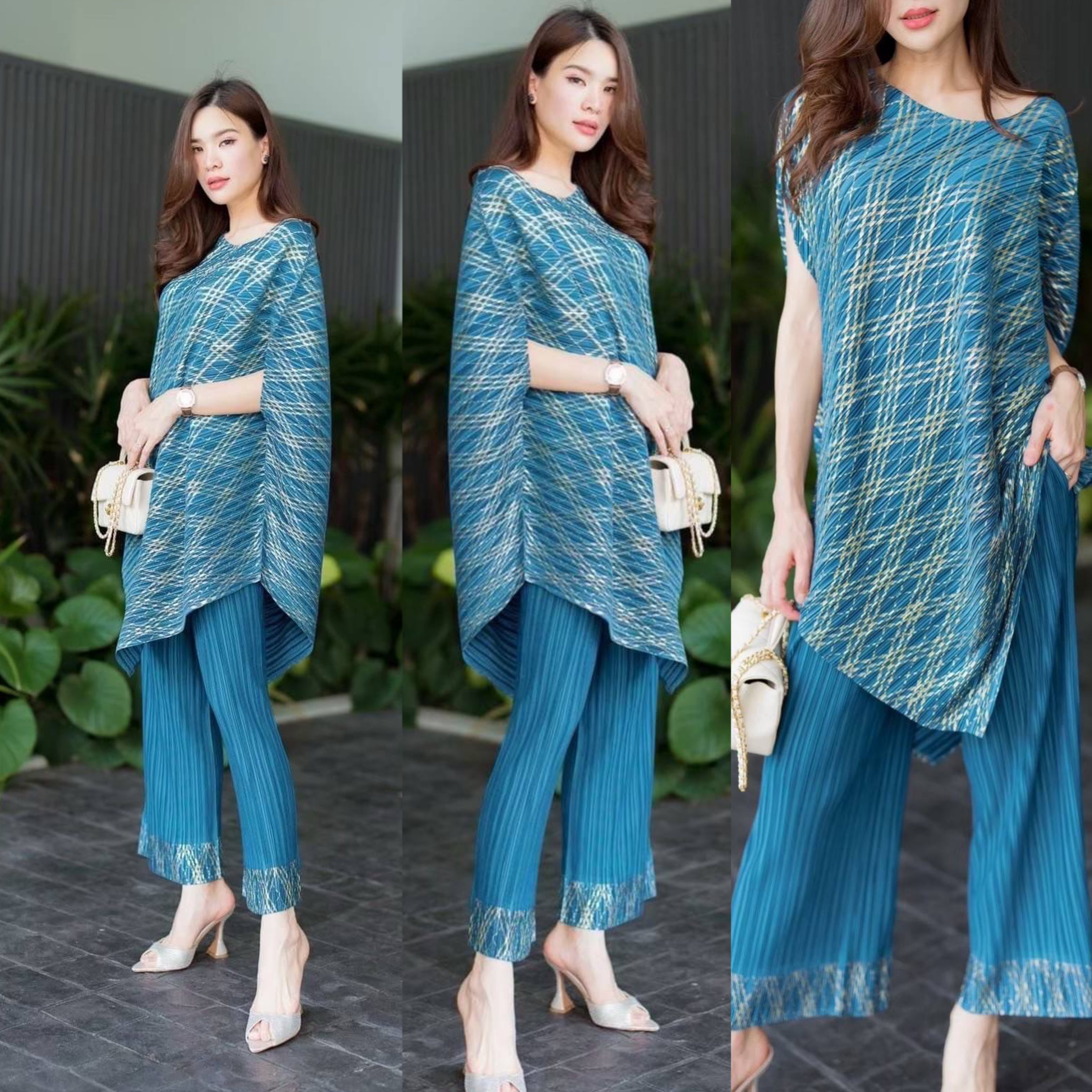 ชุดพลีท เสื้อเป็นทรงยาวไหล่เบี่ยง เฉลียงด้านข้าง +กางเกงเป็นทางขาบาน แต่ง ชายขอบกางเกงด้วยขลิบทอง ใส่สบาย สินค้าคุณภาพ (พร้อมส่ง)