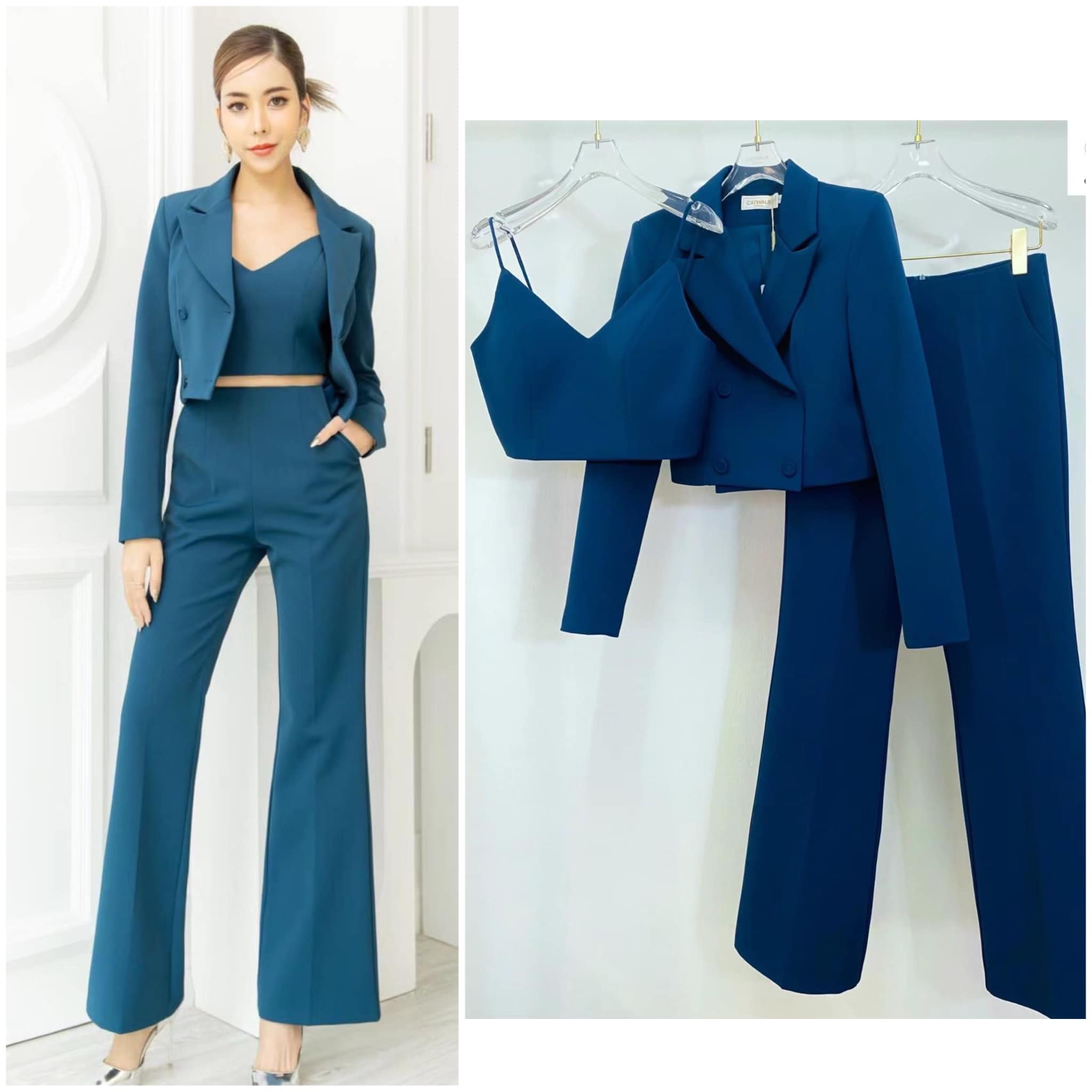 เซต Blazer ตัวสั้น 3 ชิ้น ตัว Blazer เป็นทรงครึ่งตัว เข้ารูป ด้านหน้าป้ายกัน สีโทนเดียวกับตัวชุด มีเสื้อ ครอปสายเดียวตัวใน มาคู่กับ กาง้กงเอวสูงทรงขาม้า ใส่สบาย สินค้าคุณภาพ (พร้อมส่ง)