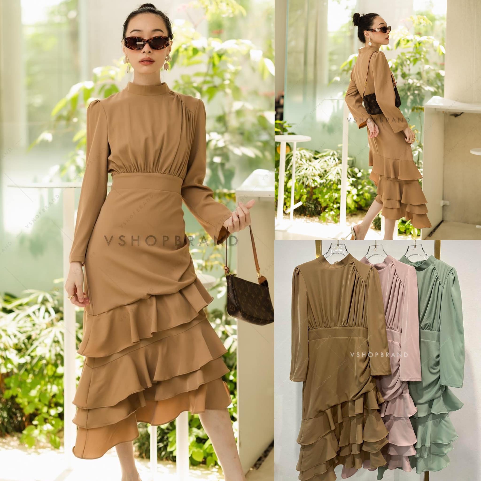 เดรสคอปีนแขนยาว กระโปรงแต่งระบายเป็นชั้น ๆ 👍🏻 สินค้าคุณภาพ (พร้อมส่ง)