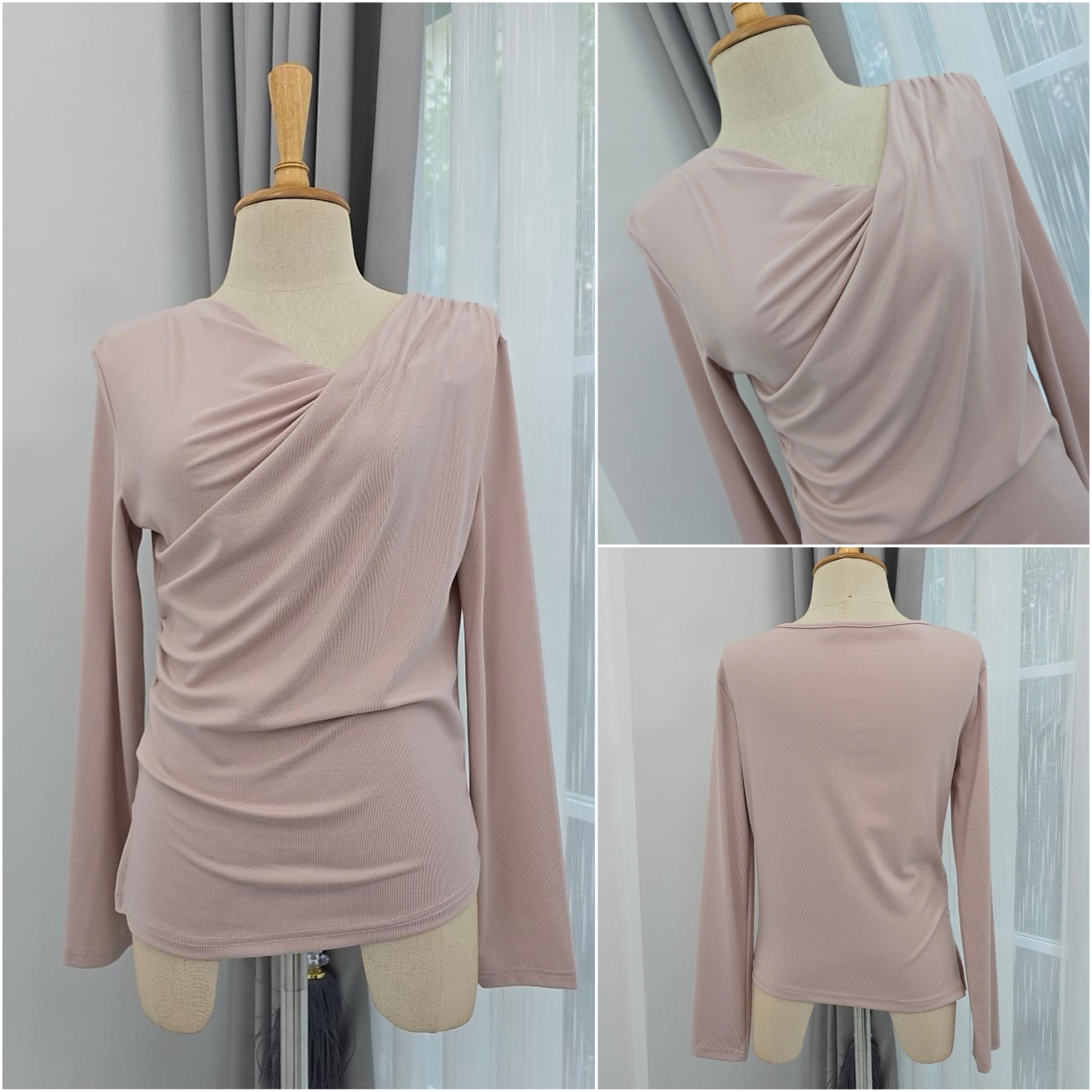 เขตเสื้อคอกว้างแขนยาว ลูกเล่นทวิสต์ที่คอเสื้อ ทรงเข้ารูปเล็กน้อย+ กระโปรงบานทรงวงกลม ใส่สบาย : สินค้าคุณภาพ (พร้อมส่ง)