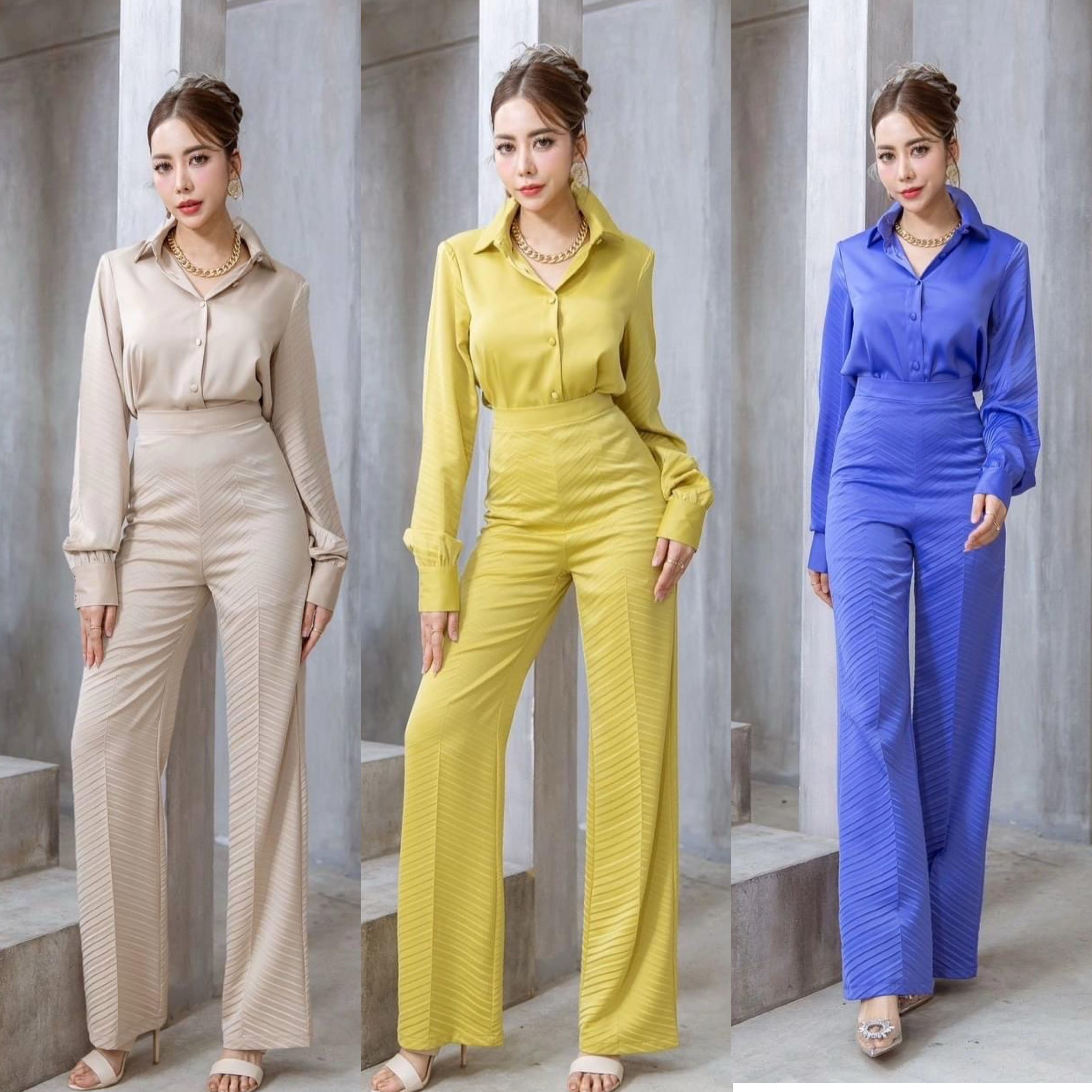 เซตเสื้อเชิ้ตผ้าเครปอัดพลีท+กางเกงทรงสวย เนื้อผ้าเครปกึ่งเงาเกรดเอ ใส่สบาย สินค้าคุณภาพ (พร้อมส่ง)