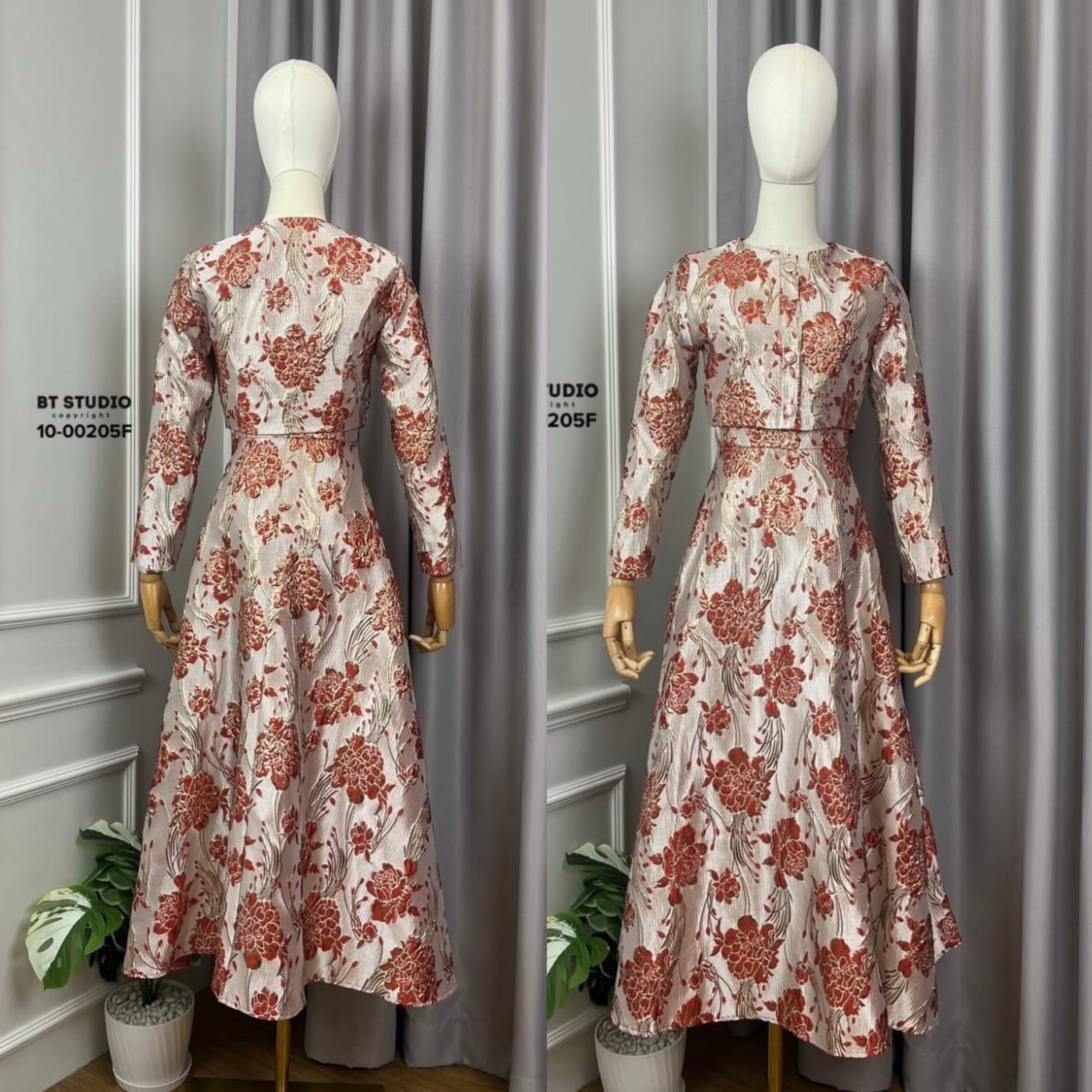 เซท 2 ชิ้น เสื้อเบเซอร์แขนยาวคอกลมแต่งกระดุมมุกด้านหน้าเรียงกัน แมทซ์กับกระโปรงยาวเอวสูงงานผ้าทอลายดอกไม้แต่งดิ้นเดินลายเส้น ใส่สบาย : สินค้าคุณภาพ (พร้อมส่ง)