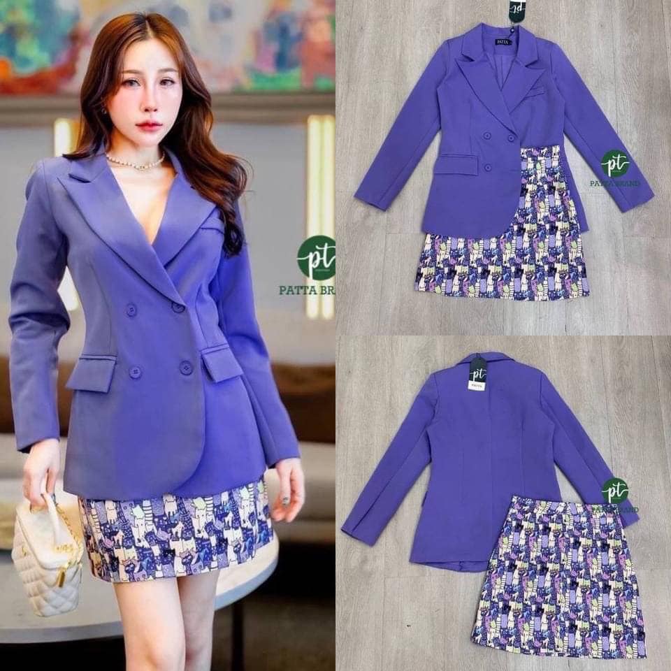 Set 2 ชิ้น สีม่วงเบลเซอร์ตัวยาวแต่งกระดุมหน้าสีม่วงเข้ากันกับตัวเสื้อ และมีกระเป๋า2ข้างเก๋ๆ ผ้าดีมีน้ำหนัก มีซับในทั้งตัว มาพร้อมกับ กระโปรงสั้นเอวสูงทรงเอ สินค้าคุณภาพ (พร้อมส่ง)