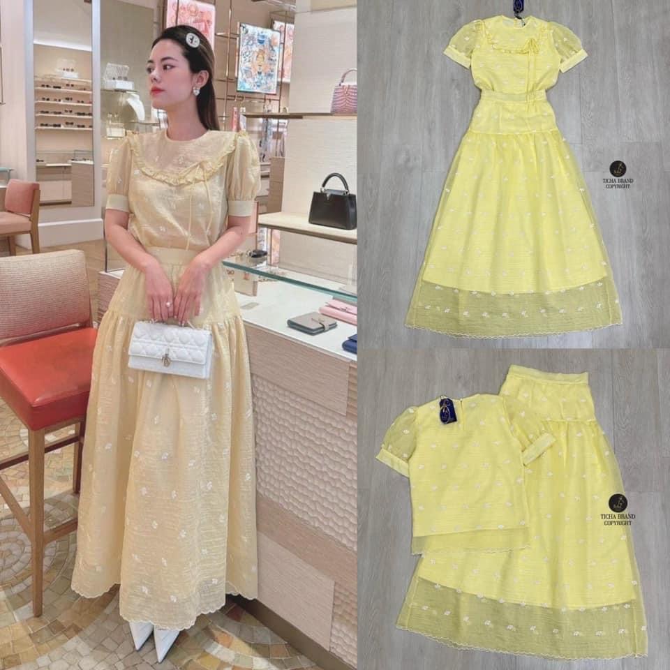 Set 2 ชิ้น สีเหลืองผ้าชีทรูดีเทลปักดอกไม้ขาวทั้งชุด เสื้อคอกลมแขนสั้นช่วงแขนจับจีบพองนิด ๆ อกแต่งระบาย+กระโปรงยาว ใส่สบาย สินค้าคุณภาพ (พร้อมส่ง)