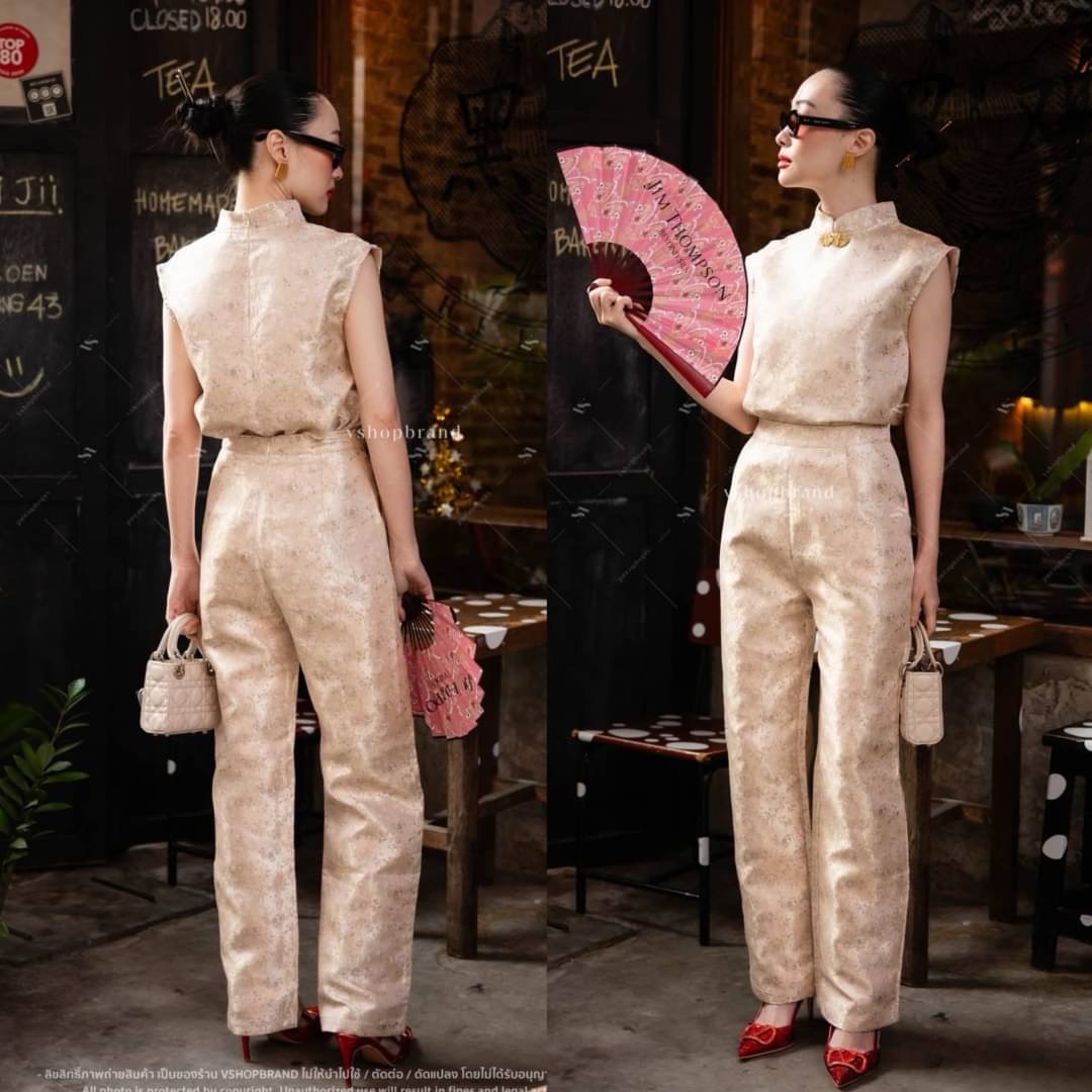 Set เสื้อกี่เพ้าแขนกุดลายดอกมินิ + กางเกงขายาว ใส่สบาย : สินค้าคุณภาพ (พร้อมส่ง)