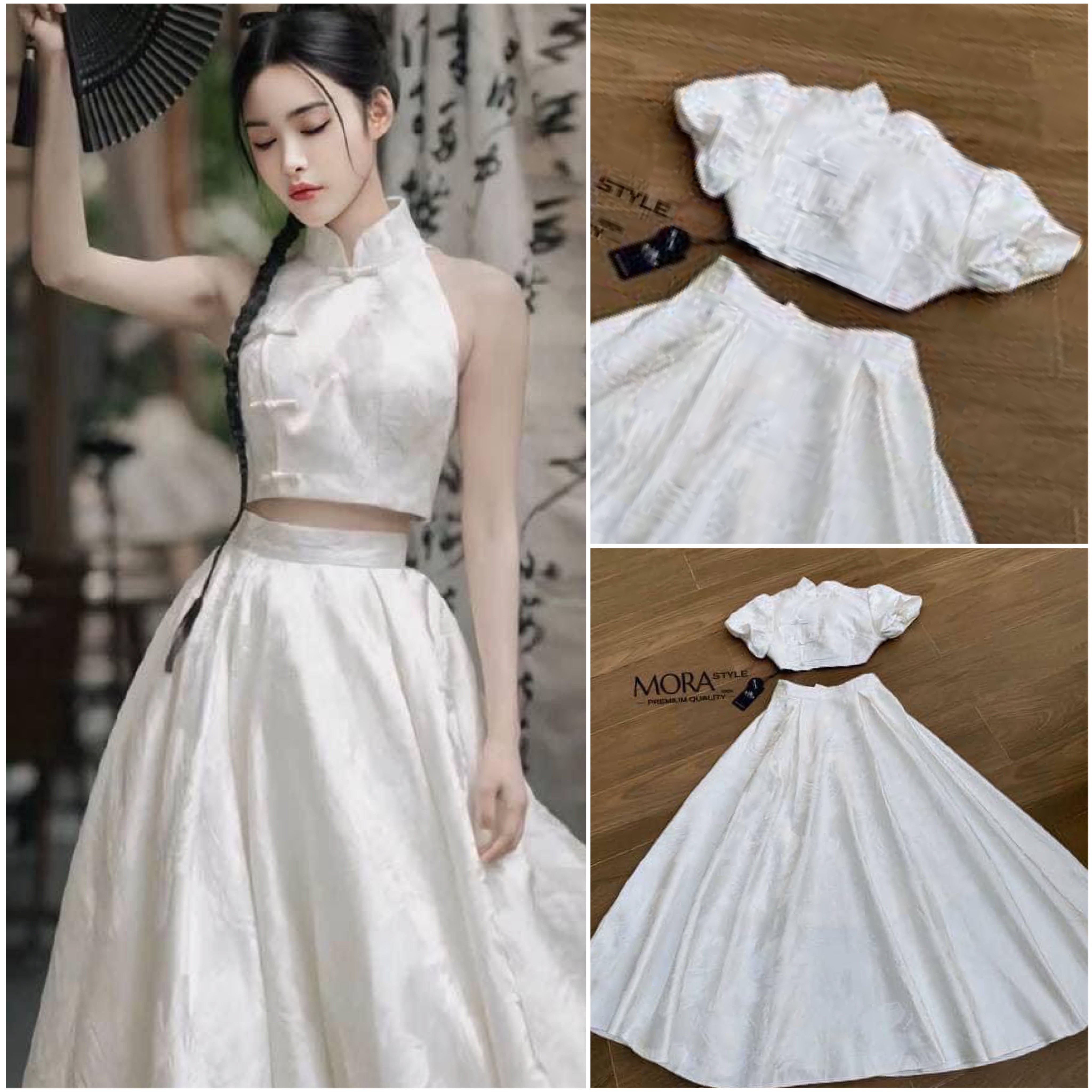 เซ็ตกี่เพ้า 2 ชิ้น เสื้อแขนจั้มตุ๊กตา ด้านหลังโชว์แซปๆพร้อมเชือกผูกโบว์ มาพร้อมกับกระโปรงยาวผ้าหนาหนัก อลังการ ใส่สบาย : สินค้าคุณภาพ (พร้อมส่ง)