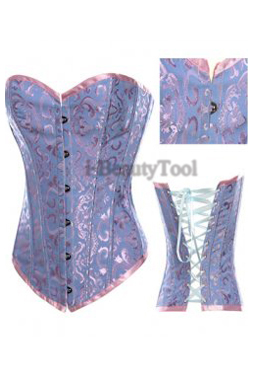 คอร์เซ็ท Corset สีฟ้าสุดเซ็กซี่ ผ้า SPANDEX ปั้มลายดอกชมพูอ่อน เนื้อดี ตัดเย็บเยี่ยม !!
