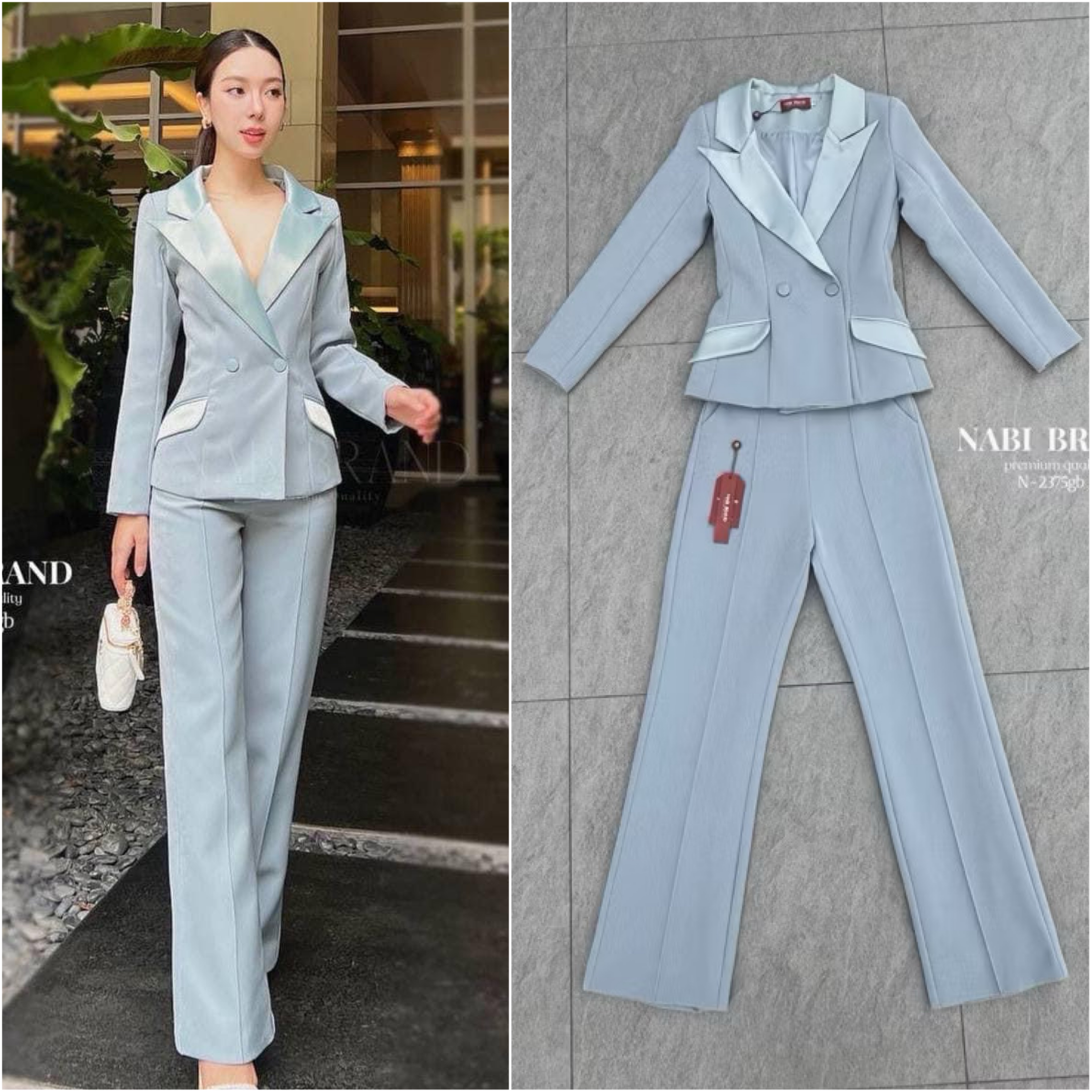 Set สูท2ชิ้น เสื้อแขนยาว+กางเกงขายาว ดีเทลเรียบหรู เสื้อคอปกเงา ดูแพงมาก กระดุมสองเม็ด มีกระเป๋าสองข้างใช้งานได้จริง กางเกงทรงเองสูง ใส่สบาย : สินค้าคุณภาพ (พร้อมส่ง)
