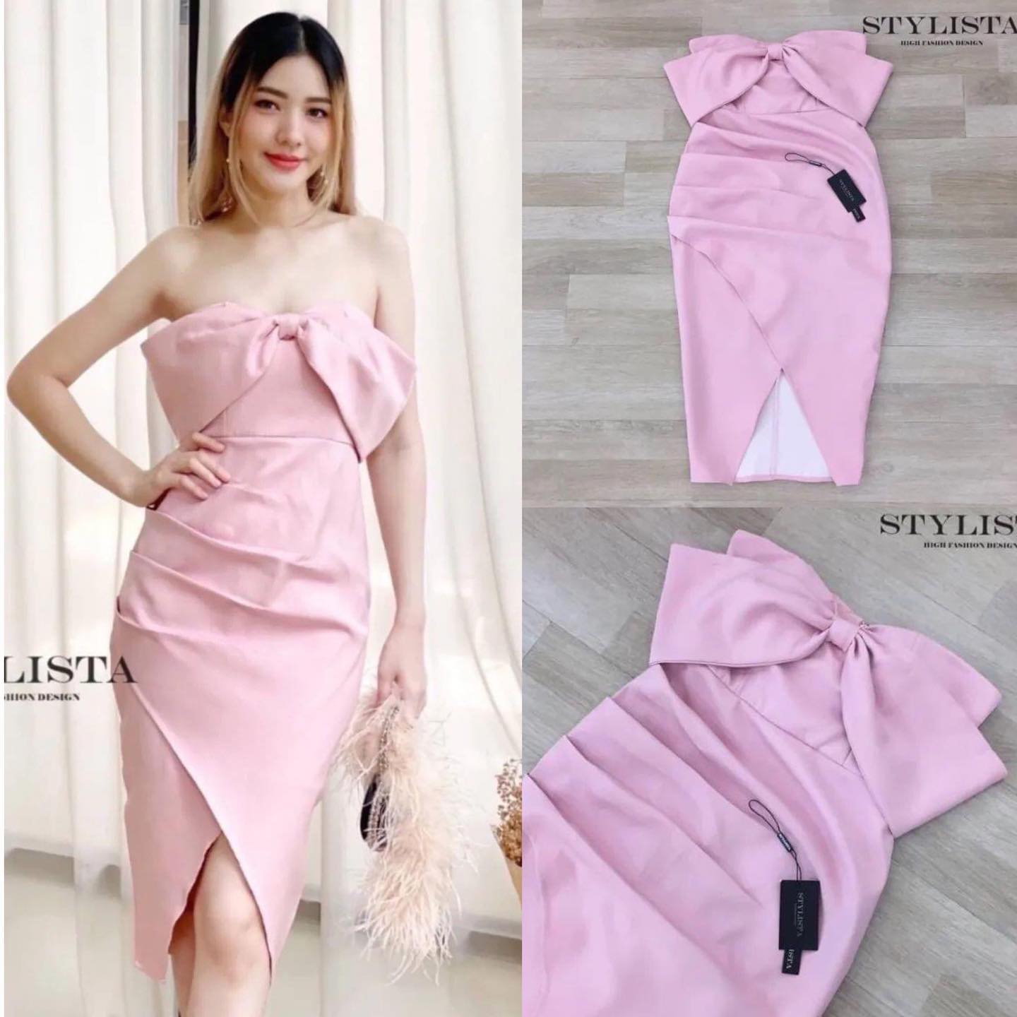 เดรสทรงพอดีตัว แต่งโบว์ใหญ่ คลุมไหล่ ใส่สวยมาก ดูดีเหมือนเซเลปเลยค่ะ สวยเปะเวอร์ สินค้าคุณภาพ (พร้อมส่ง)