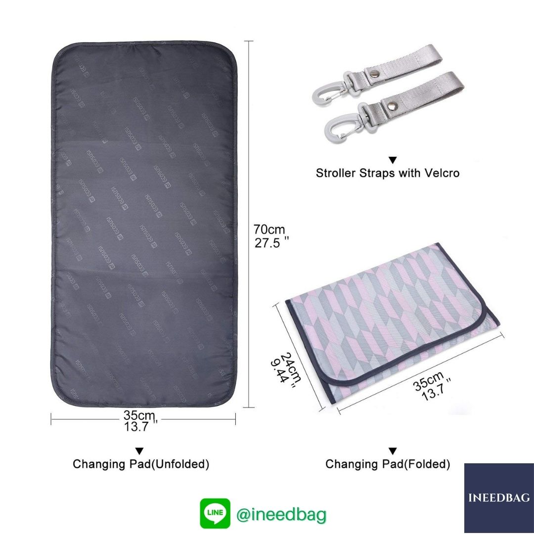 Ecosusi กระเป๋าคุณแม่ กระเป๋าสัมภาระคุณแม่ กระเป๋าแม่ลูกอ่อน แบบเป้ มาพร้อมแผ่นรองเปลี่ยนผ้าอ้อม, สายคล้องรถเข็น, ช่องเก็บความร้อน-เย็น (Pink Chevron)