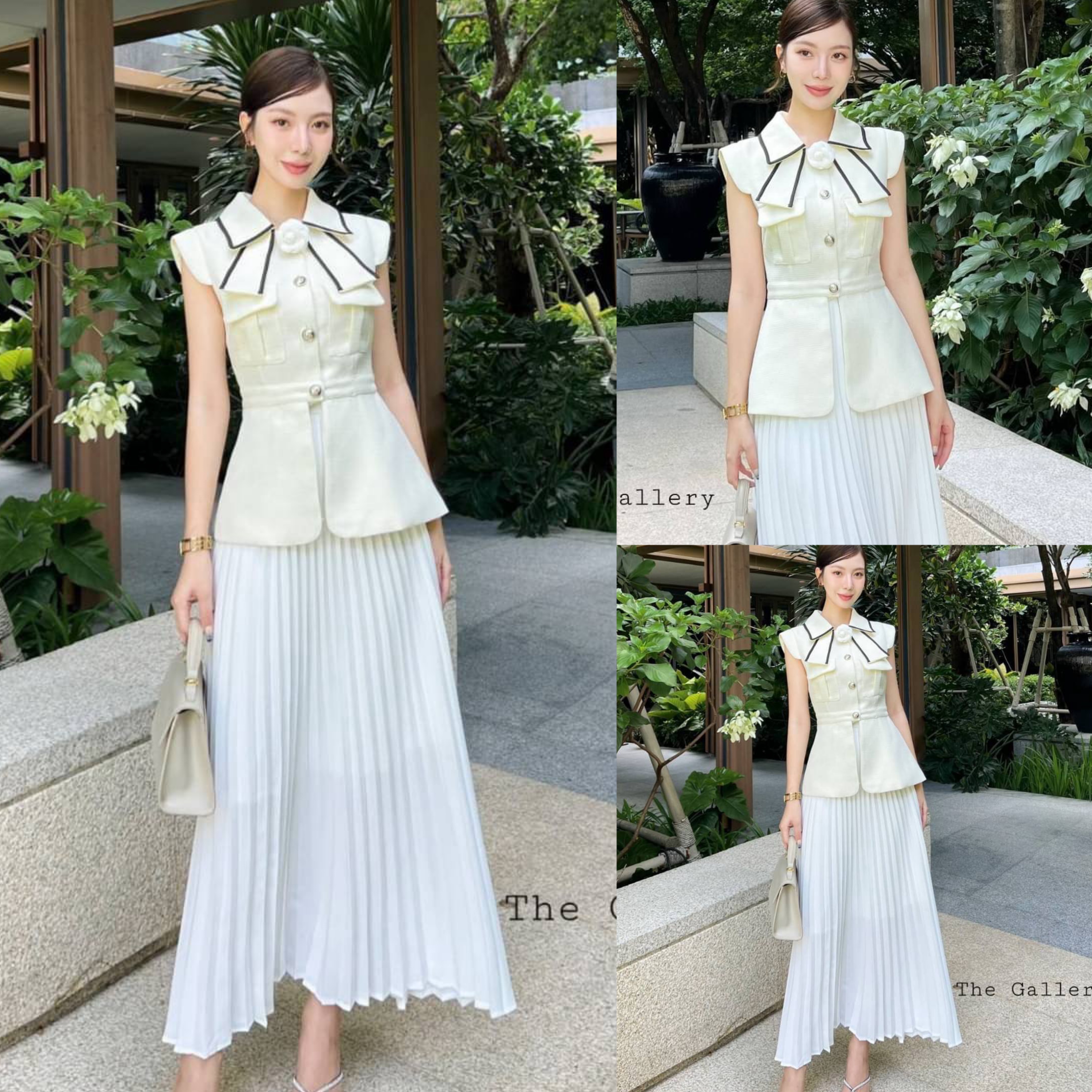 เซ็ต3ชิ้นเสื้อและกระโปรงอัดพลีต+เข็มกลัดดอกไม้เข้าชุด มาพร้อมซับในทั้งเสื้อและกระโปรง สินค้าคุณภาพ (พร้อมส่ง)