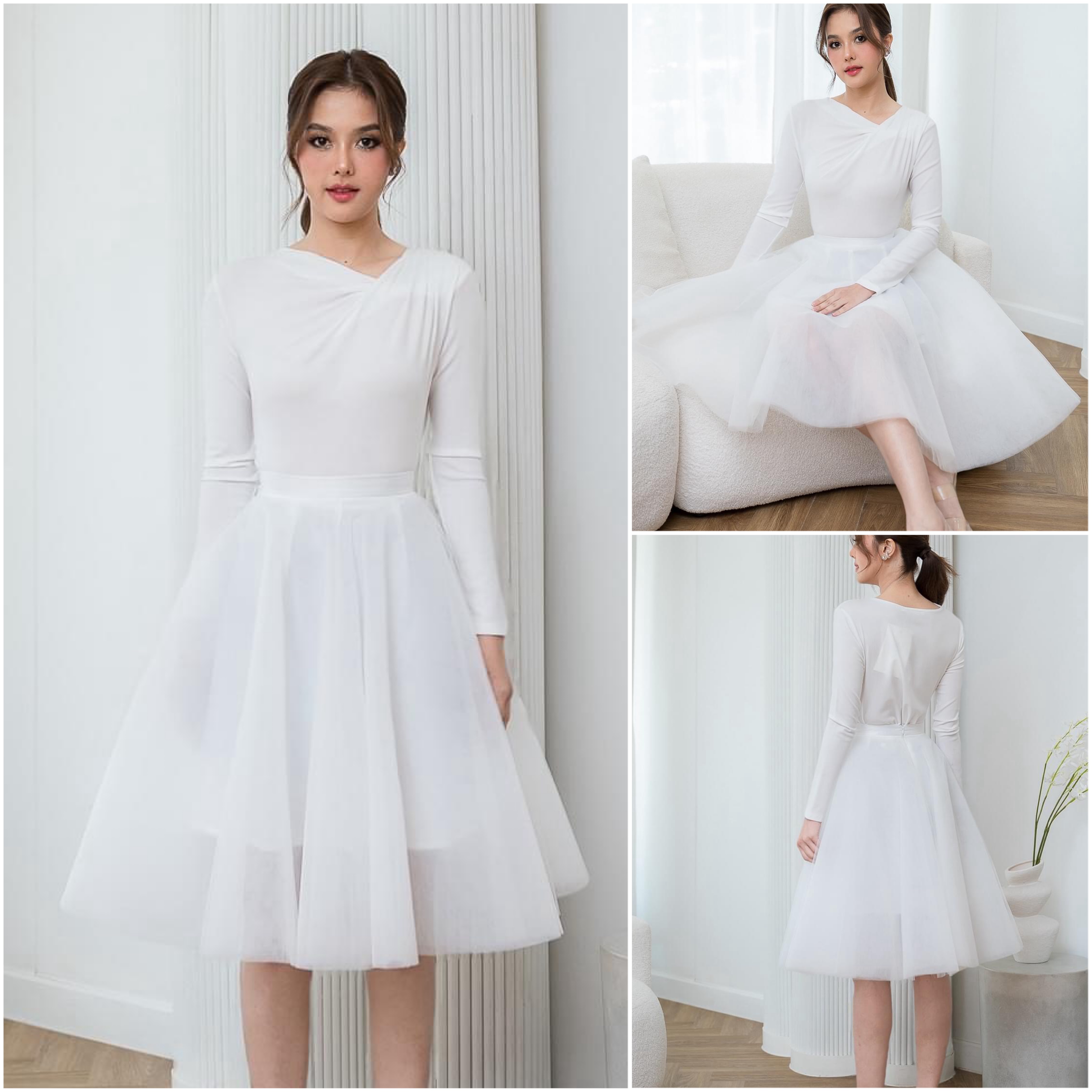 เขตเสื้อคอกว้างแขนยาว ลูกเล่นทวิสต์ที่คอเสื้อ ทรงเข้ารูปเล็กน้อย+ กระโปรงบานทรงวงกลม ใส่สบาย : สินค้าคุณภาพ (พร้อมส่ง)