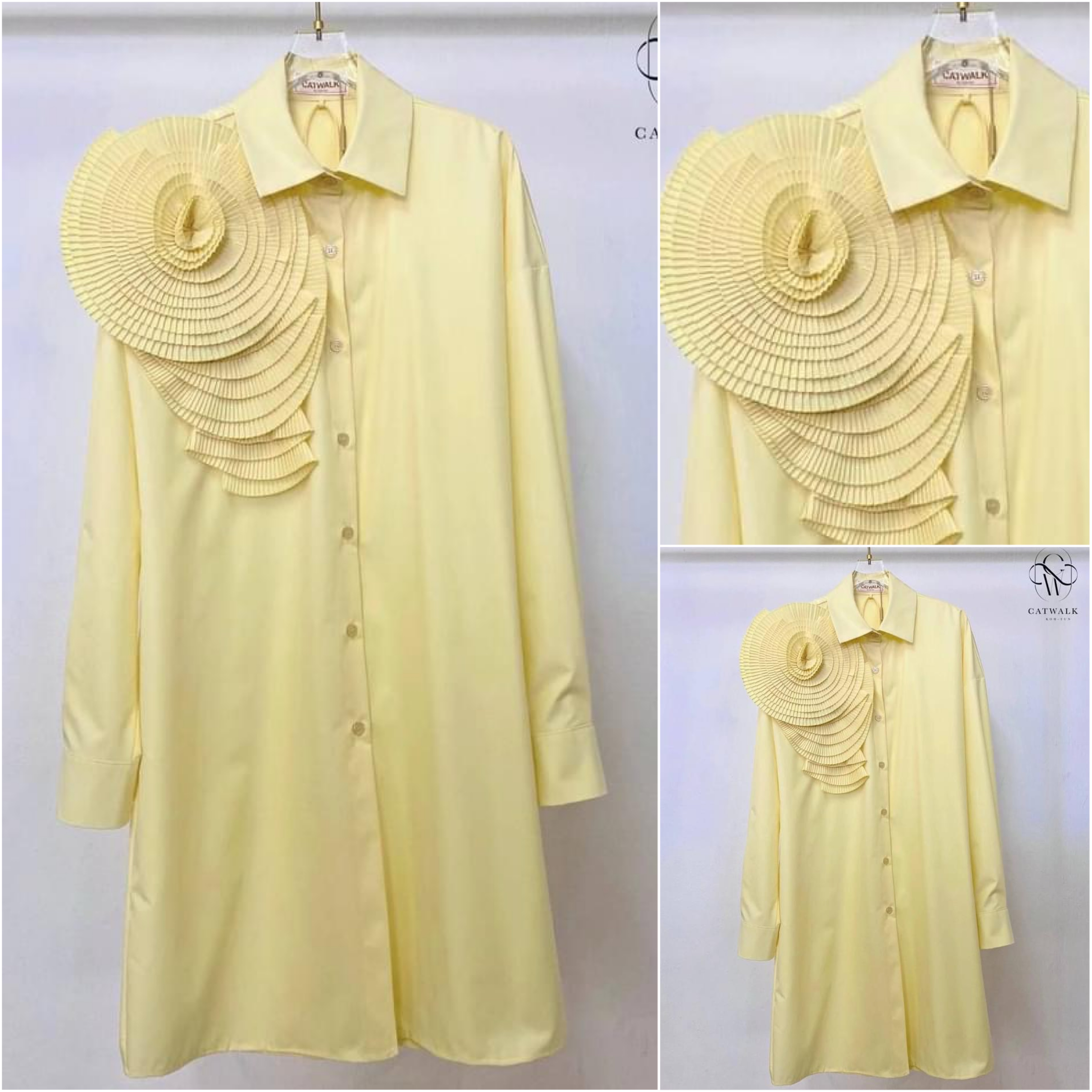 เดรสเชิ้ตแต่งดอกไม้อัดพลีท เนื้อผ้าเกรดเอ สินค้าคุณภาพ (พร้อมส่ง)