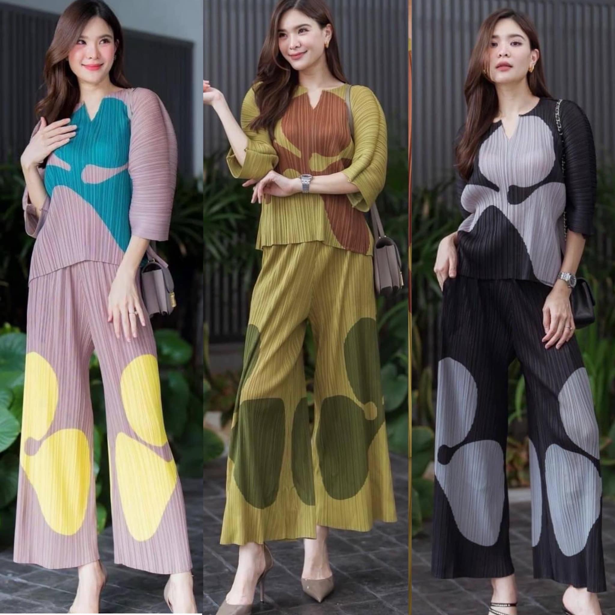 ชุดเซตผ้าอัดพลีทลอน เสื้อ+กางเกงขายาว เนื้อสวย ไฮโซววแบบงาน Brand ใส่สบาย สินค้าคุณภาพ (พร้อมส่ง)