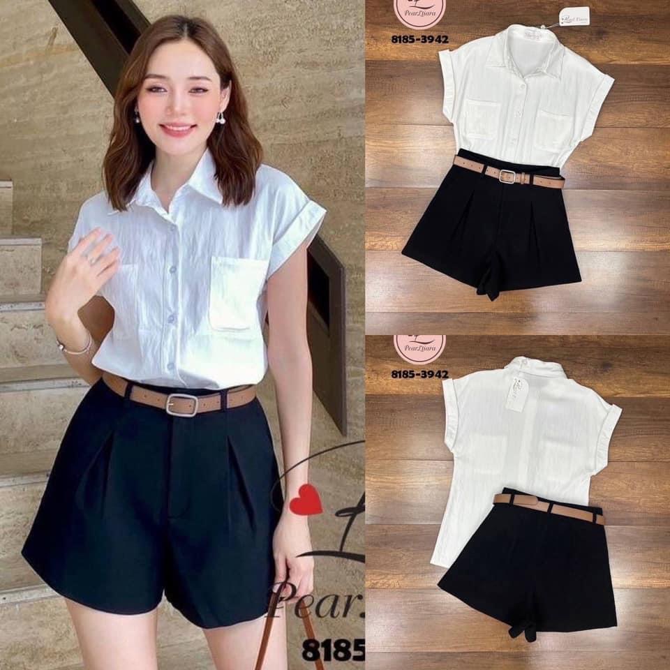 Set เสื้อเชิ้ตคอปก ผ้าดีม๊าก งานมีเทคเจอร์ในตัว ด้านหน้าแต่งกระดุม-กระเป๋าใช้งานได้จริง+กางเกงขาสั้น +เข็มขัด ใส่สบาย : สินค้าคุณภาพ (พร้อมส่ง)