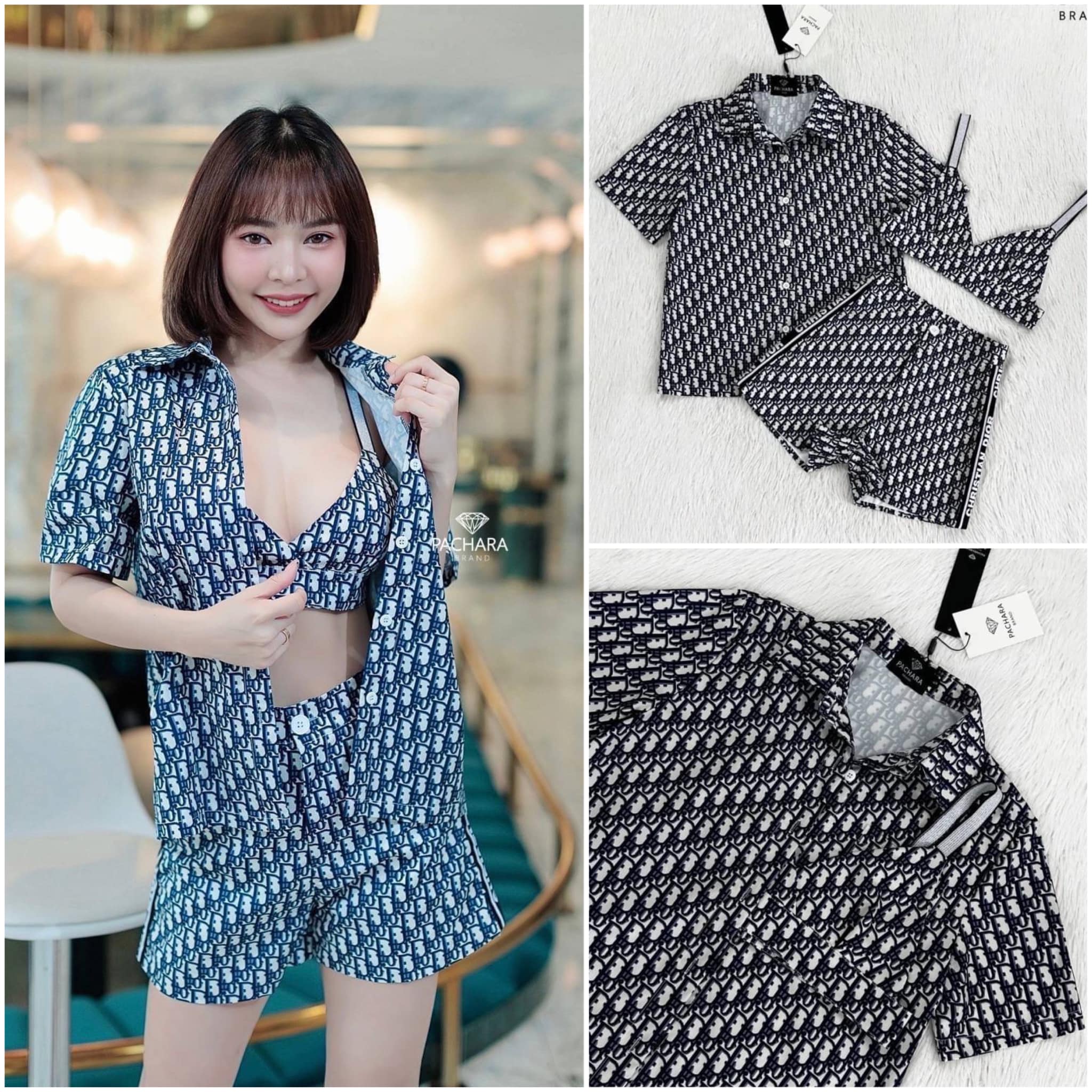 เซ็ต 3 ชิ้น เสื้อคอปกแขนสั้นสีกรม พิมพ์ลายแบรนด์ดัง มาพร้อมบราลายเข้าชุด แมทช์คู่กับกางเกงขาสั้น เอวสูง มีซับในอย่างดี สินค้าคุณภาพ (พร้อมส่ง)