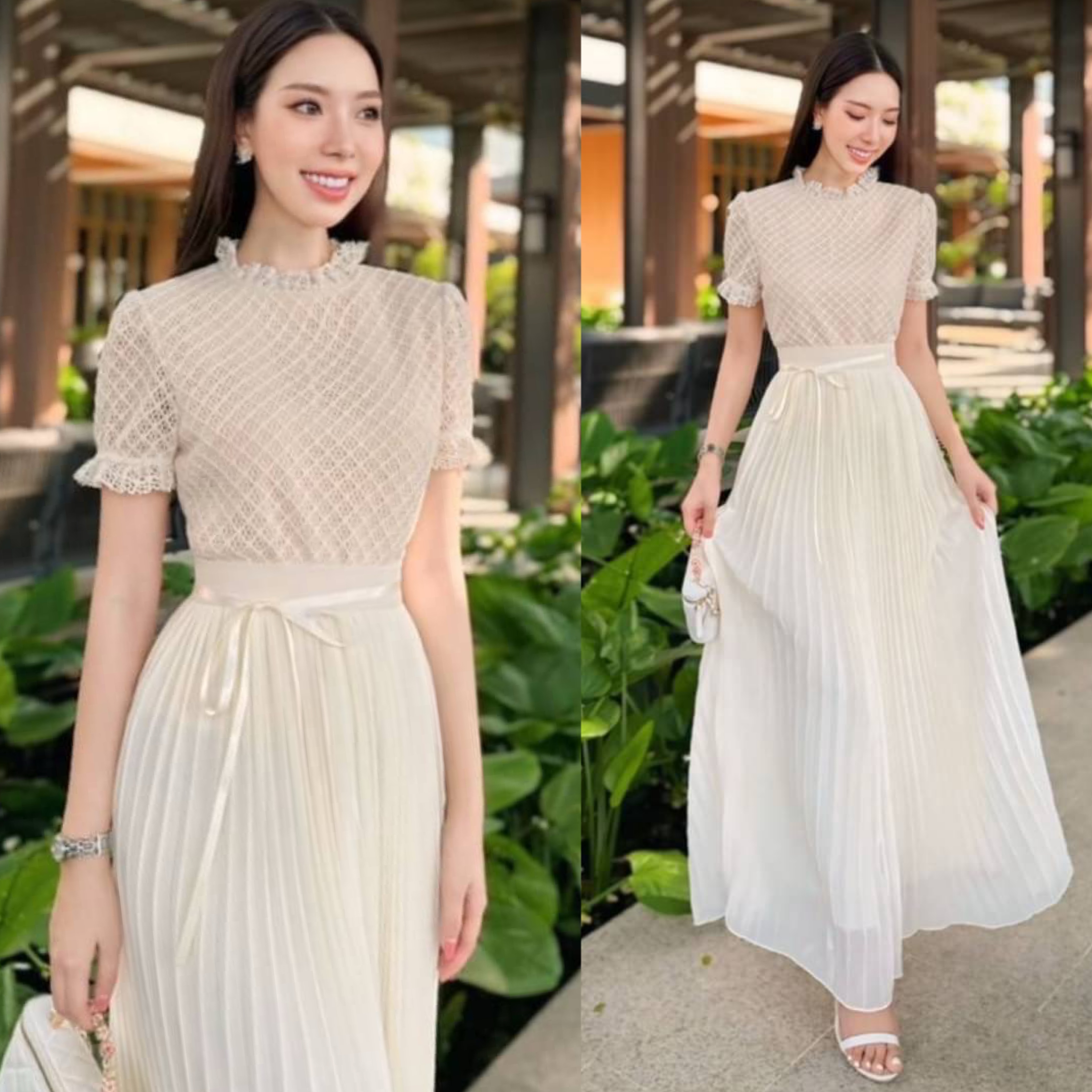 เซตเสื้อลูกไม้มาคู่กับ กระโปรงชิฟฟอนอัดพลีทให้ลุคสวย หวานสุดน่ารัก ใส่สบาย : สินค้าคุณภาพ (พร้อมส่ง)