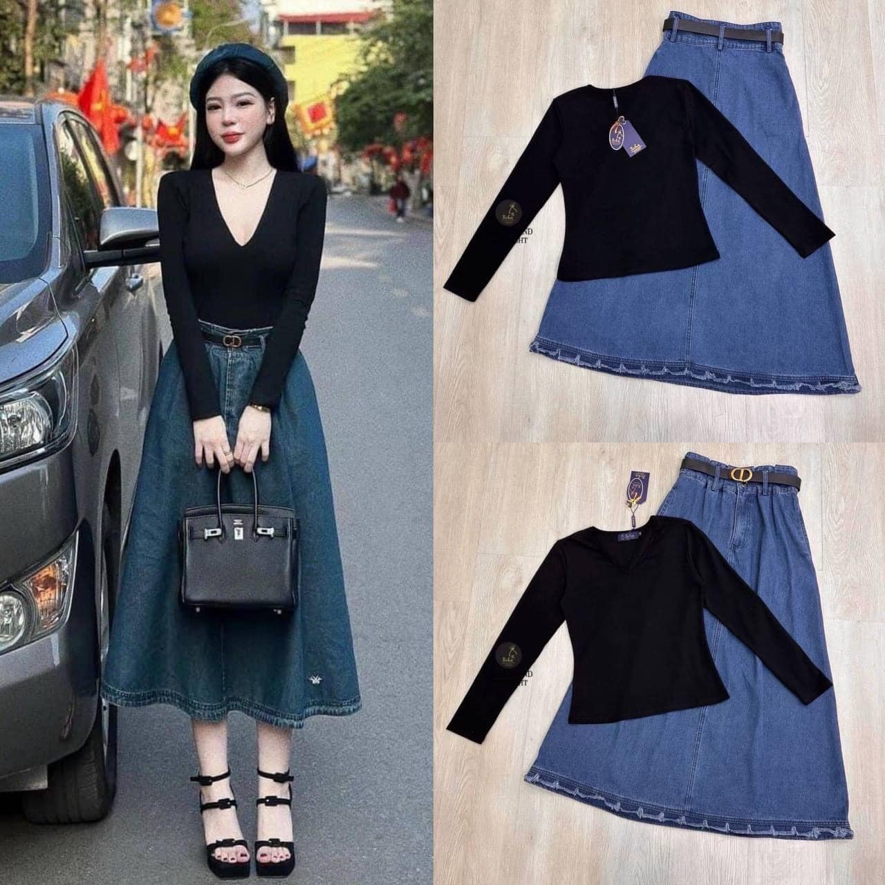 Set 2 ชิ้น เสื้อตัวยาวคอวีแขนยาว เนื้อผ้ายืดนิ่มใส่สบาย ( ไม่เสริมฟองน้ำ ไม่มีซิปหลัง ) มาพร้อมกับกระโปรงยีนส์เอวสูง ใส่สบาย สินค้าคุณภาพ (พร้อมส่ง)