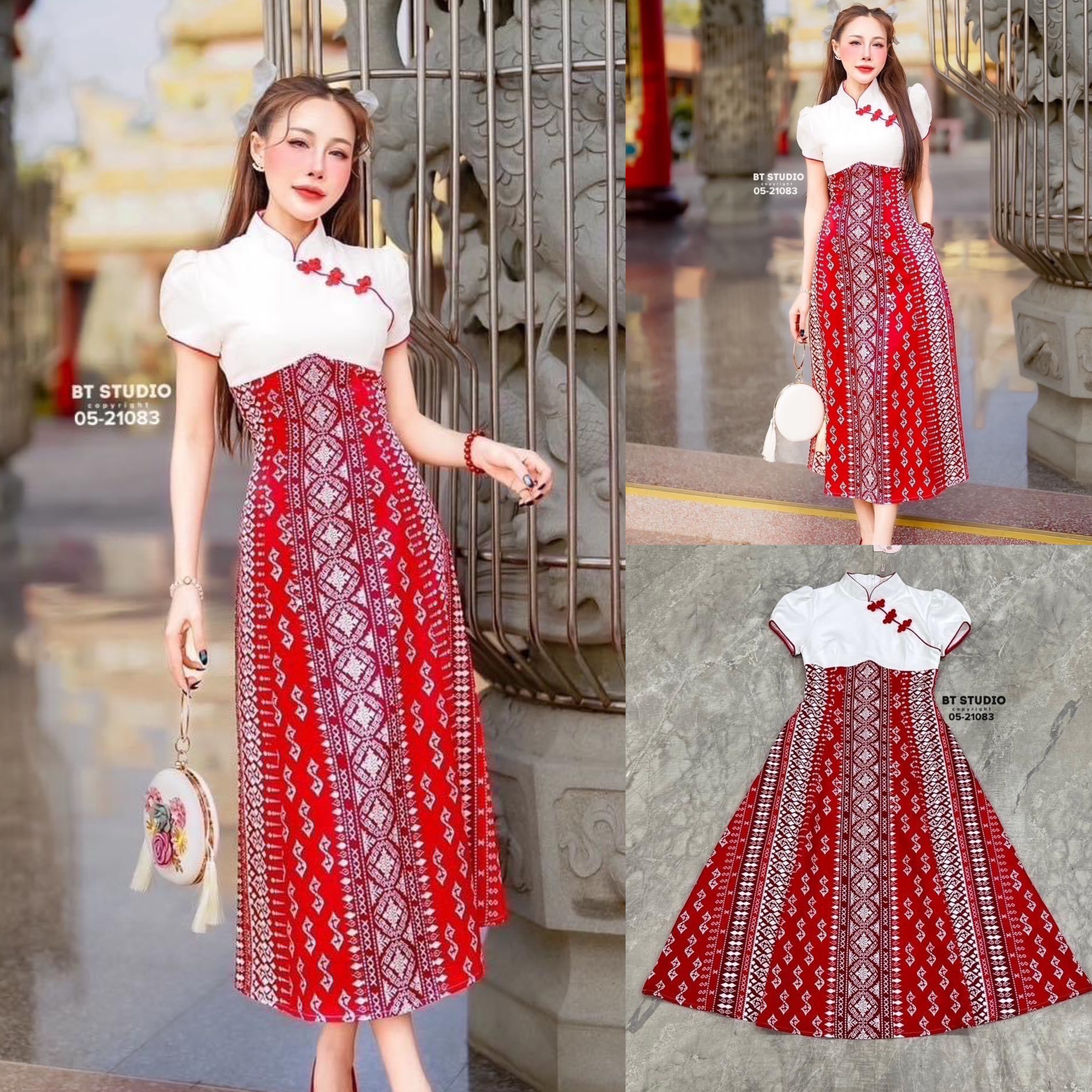 เดรสยาวคลุมเข่าแขนสั้น คอจีน ช่วงบนสีขาว แต่งเฉียงติดกระดุมจีน ตัวล่างแต่งผ้าถุงประยุกต์ มีซับใน ใส่สบาย สินค้าคุณภาพ (พร้อมส่ง)