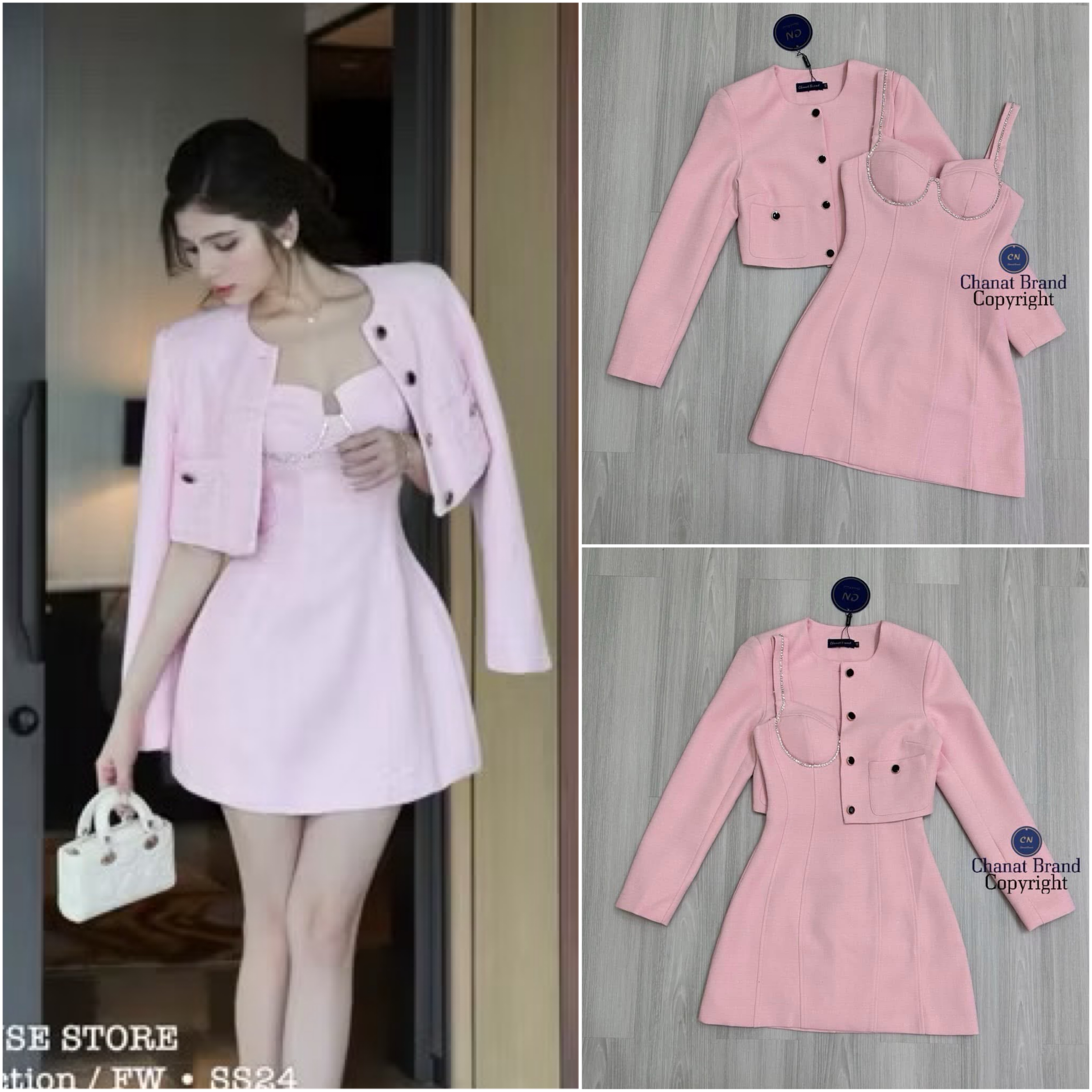 เซต2ชิ้น สีครีม มินิเดรสดีไซน์ช่วงอก คล้ายบราผ่ากลาง สายเดี่ยวแต่งเพชรรอบ ขอบอก ( อกเสริมฟองน้ำอย่างดี มีซิปหลัง ) ช่วงตัวเข้ารูป กระโปรงทรงพองนิด ๆ ใส่สบาย : สินค้าคุณภาพ (พร้อมส่ง)