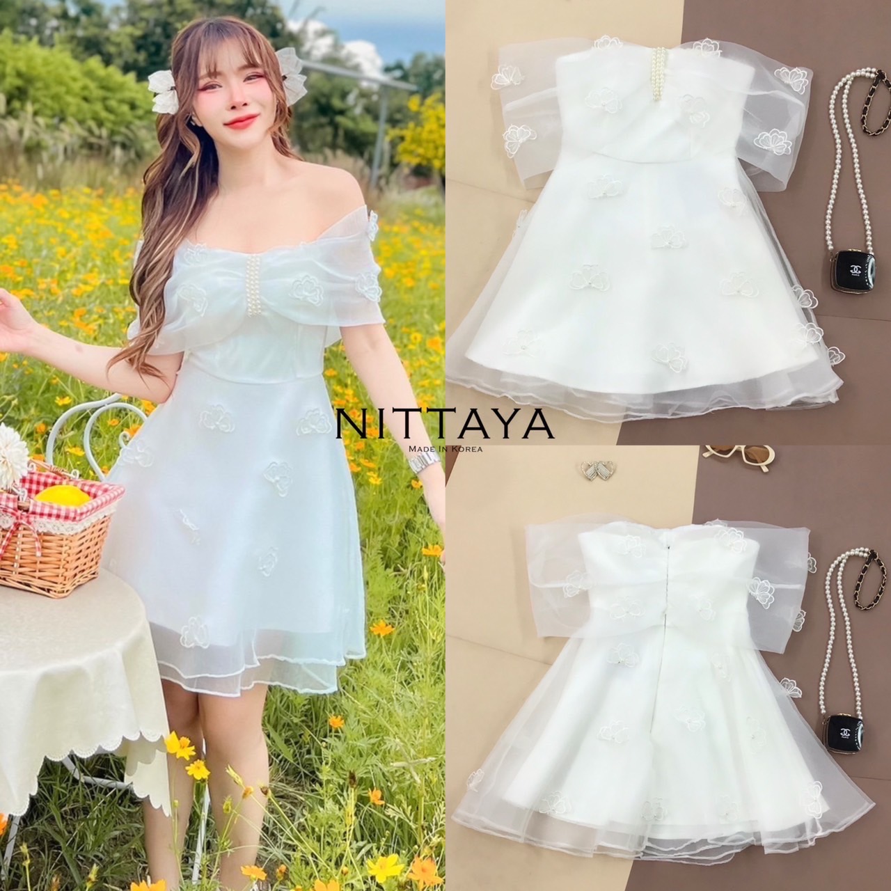 เดรสขาวปาดไหล่ มีความแต่ผีเสื้อ3มิติ น่ารักมากๆๆๆ สินค้าคุณภาพ (พร้อมส่ง)