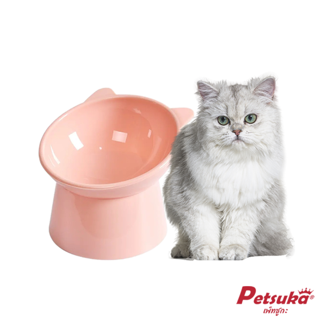 ชามอาหารสัตว์เลี้ยง Petsuka สำหรับสุนัขและแมว ดีไซน์โมเดิร์นรูปแมว สีชมพู
