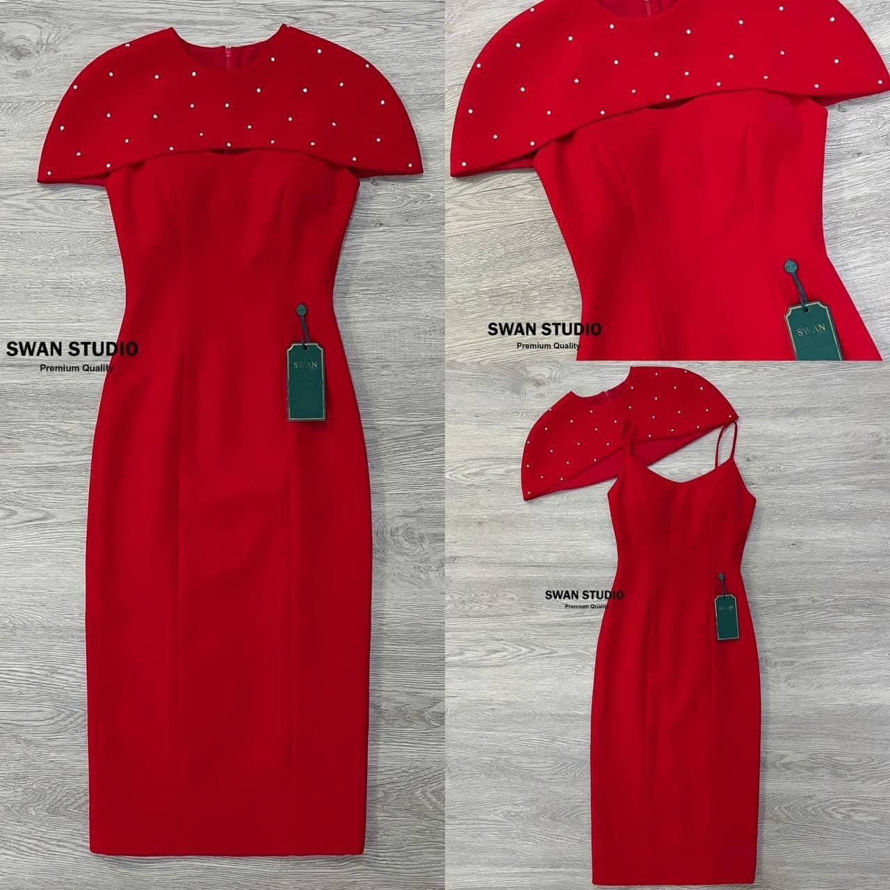 เดรสแดงสายเดี่ยว มีฟองน้ำในตัว มาคู่กับปกสำหรับคลุมรีด เพชรเพิ่มดีเทล ใส่สบาย สินค้าคุณภาพ (พร้อมส่ง)