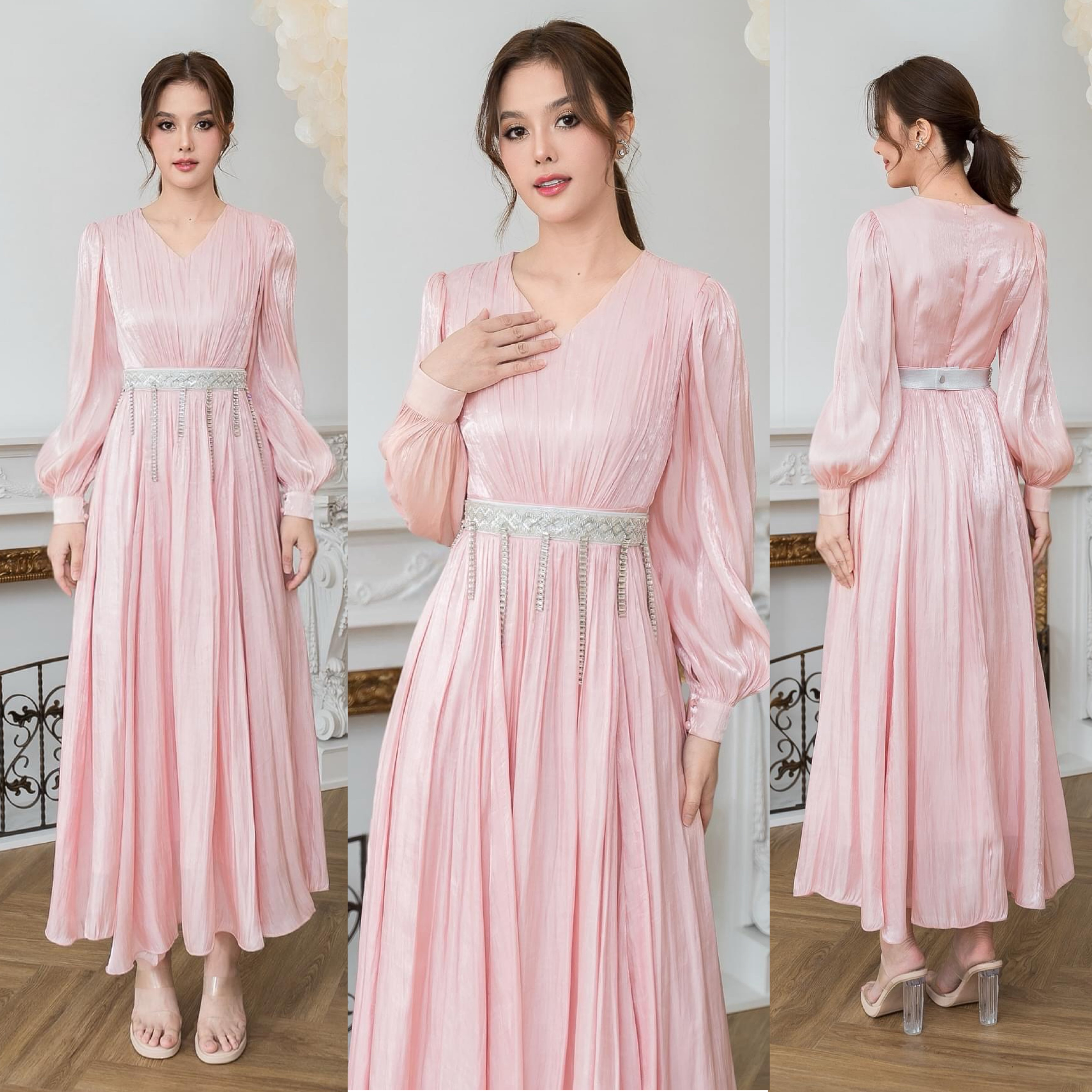 แม็กซี่เดรสเสื้อคอวีแขนยาว กระโปรงบาน ดีเทลตัวเสื้อเดรปแบบรูดใต้อกและกระโปรง ใส่สบาย : สินค้าคุณภาพ (พร้อมส่ง)