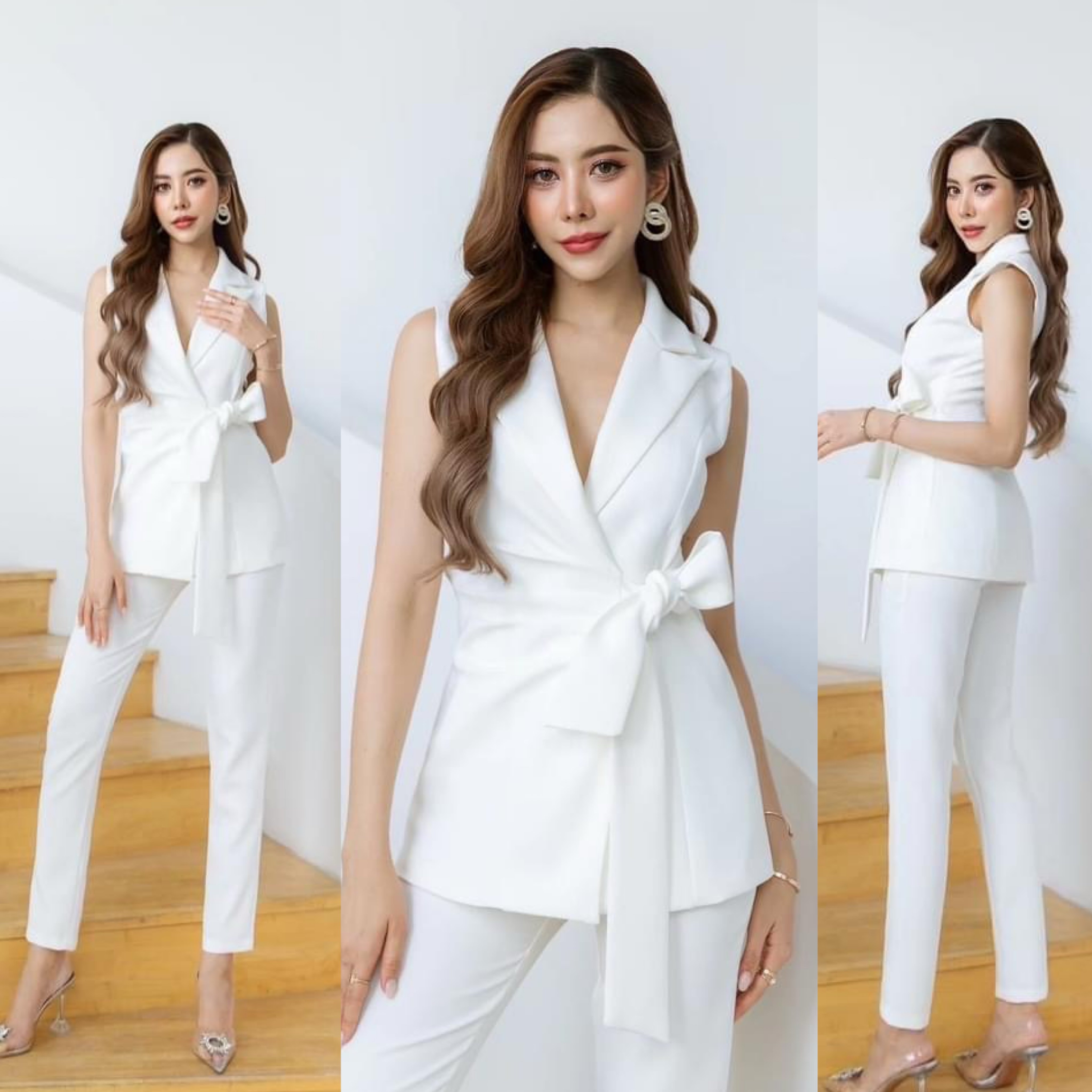 เซตเสื้อสูทแขนกุดผูกโบว์เอว +กางเกงขากระบอกเล็ก เนื้อผ้าสวย เนื้อนุ่มใส่สบาย สินค้าคุณภาพ (พร้อมส่ง)