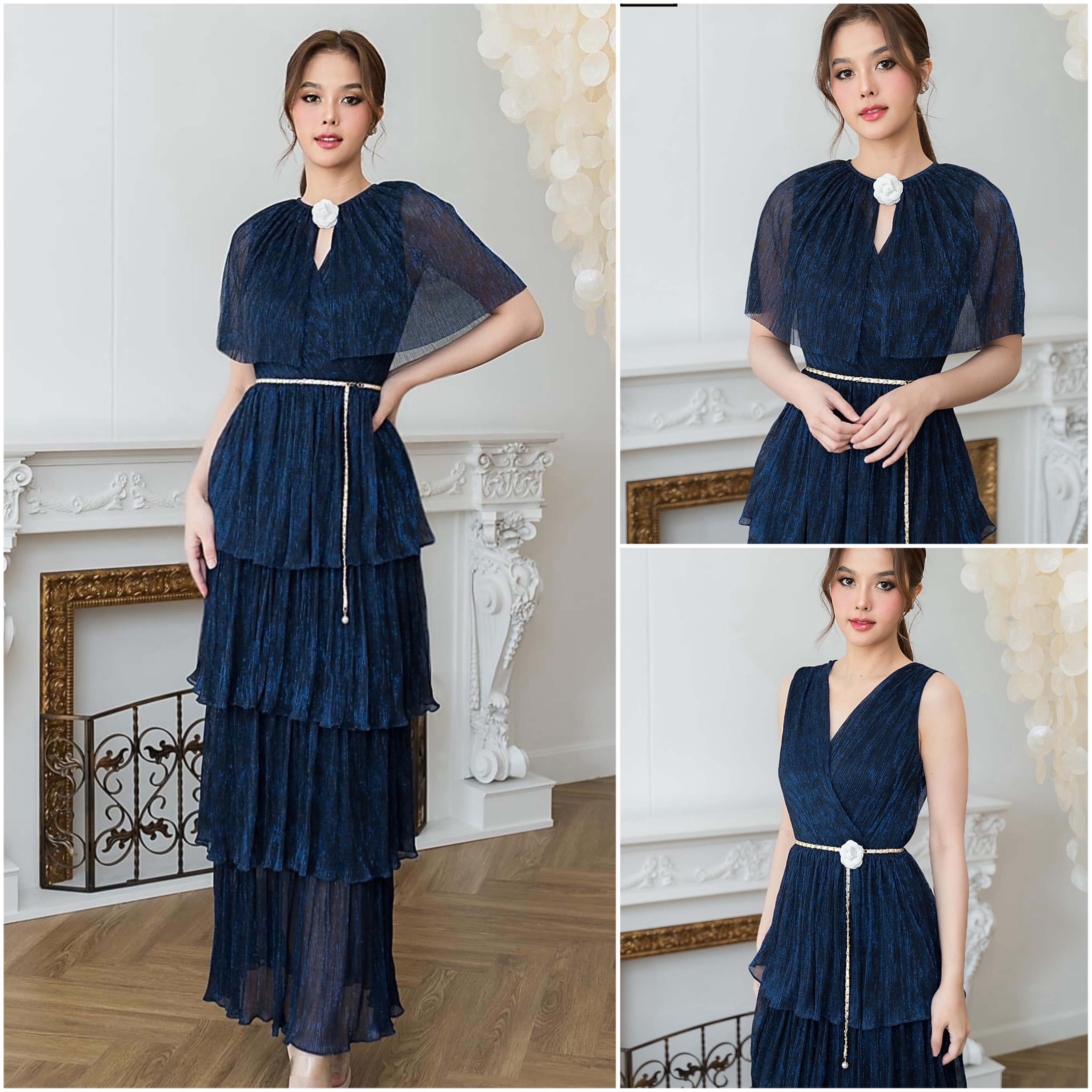 แม็กซี่เดรสคอวีป้ายแขนกุด มาพร้อม เสื้อคลุมติดกระดุมเปิดได้ กระโปรงบานจีบรูด ระบาย4ชั้น มาพร้อมโบว์สำหรับผูกเอว ทำจาก ผ้าราเม่ผสมดิ้นเมทัลลิค เนื้อนุ่มยืดหยุ่น มีซิป ซ่อนและซับในเต็มตัว ใส่สบาย : สินค้าคุณภาพ (พร้อมส่ง)