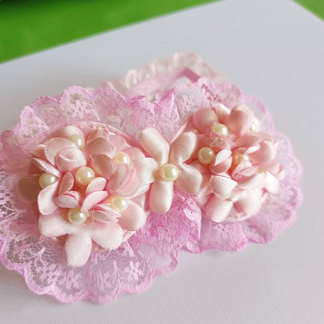 NanaBaby ผ้าคาดผมทารก ที่คาดผมเด็กอ่อน ผ้าคาดผมเด็กอ่อน สีชมพูสวยหวาน ผ้าลูกไม้ประดับมุกและดอกไม้น่ารัก