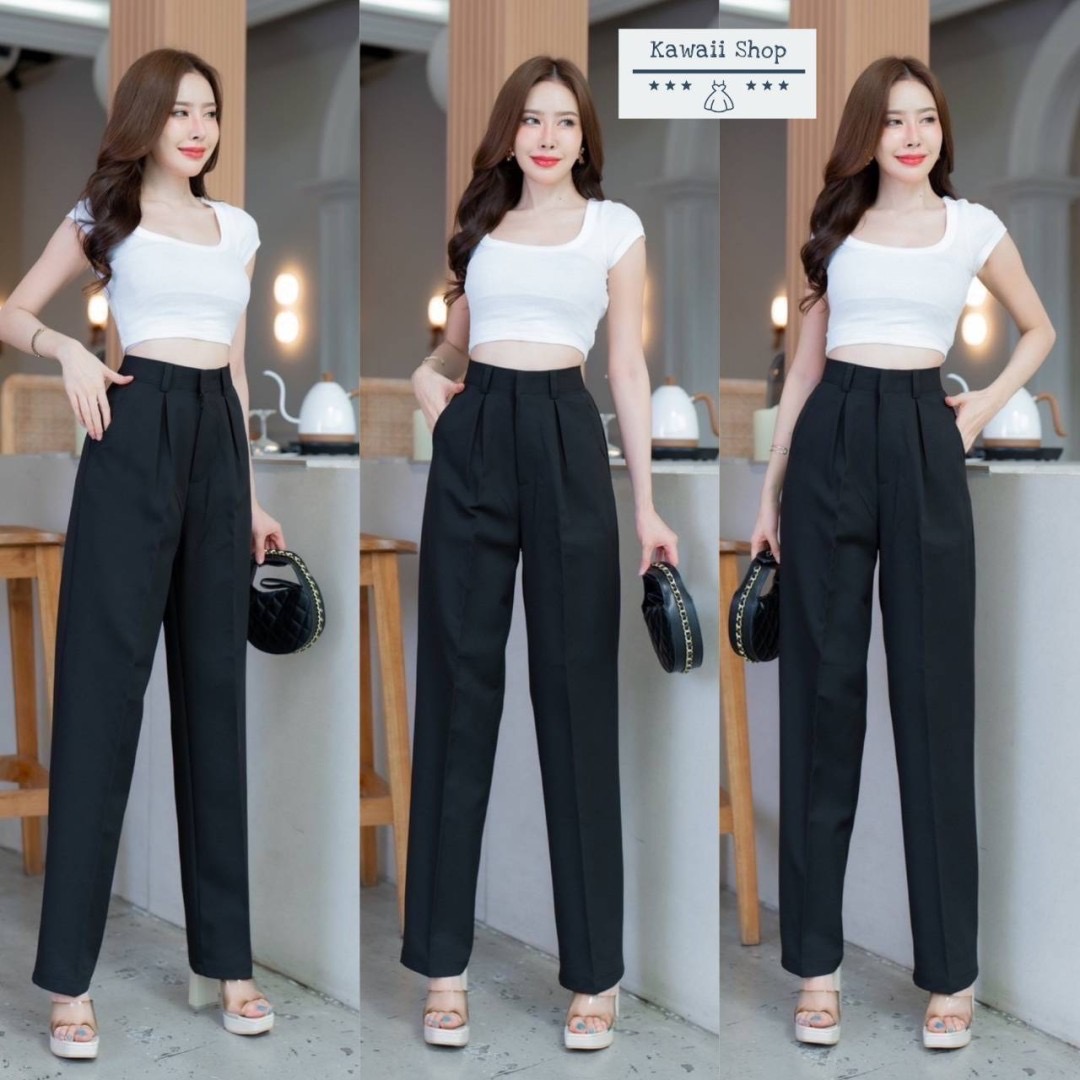 กางเกงขายาว ทรงกระบอกกลาง ดีเทลจีบหน้าทวิส ซิปหน้า กระเป๋าข้าง ผ้าพอลลี่ ใส่สบาย : สินค้าคุณภาพ (พร้อมส่ง)
