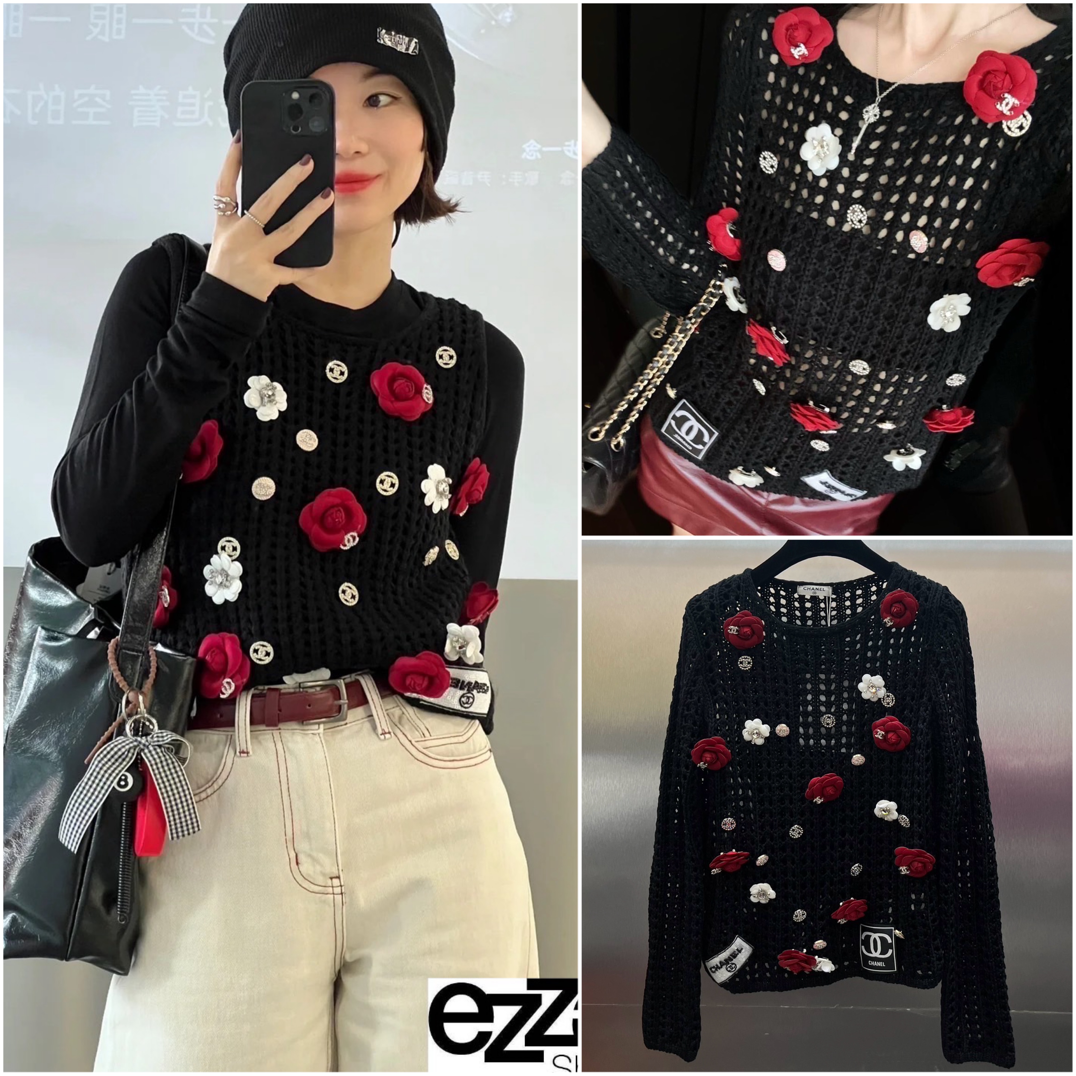 เสื้อสเวตเตอร์ ผ้านิตปักดอกคามิเลีย ทั้งตัว สวยมาก งานเนี้ยบสุด : สินค้าคุณภาพ (พร้อมส่ง)