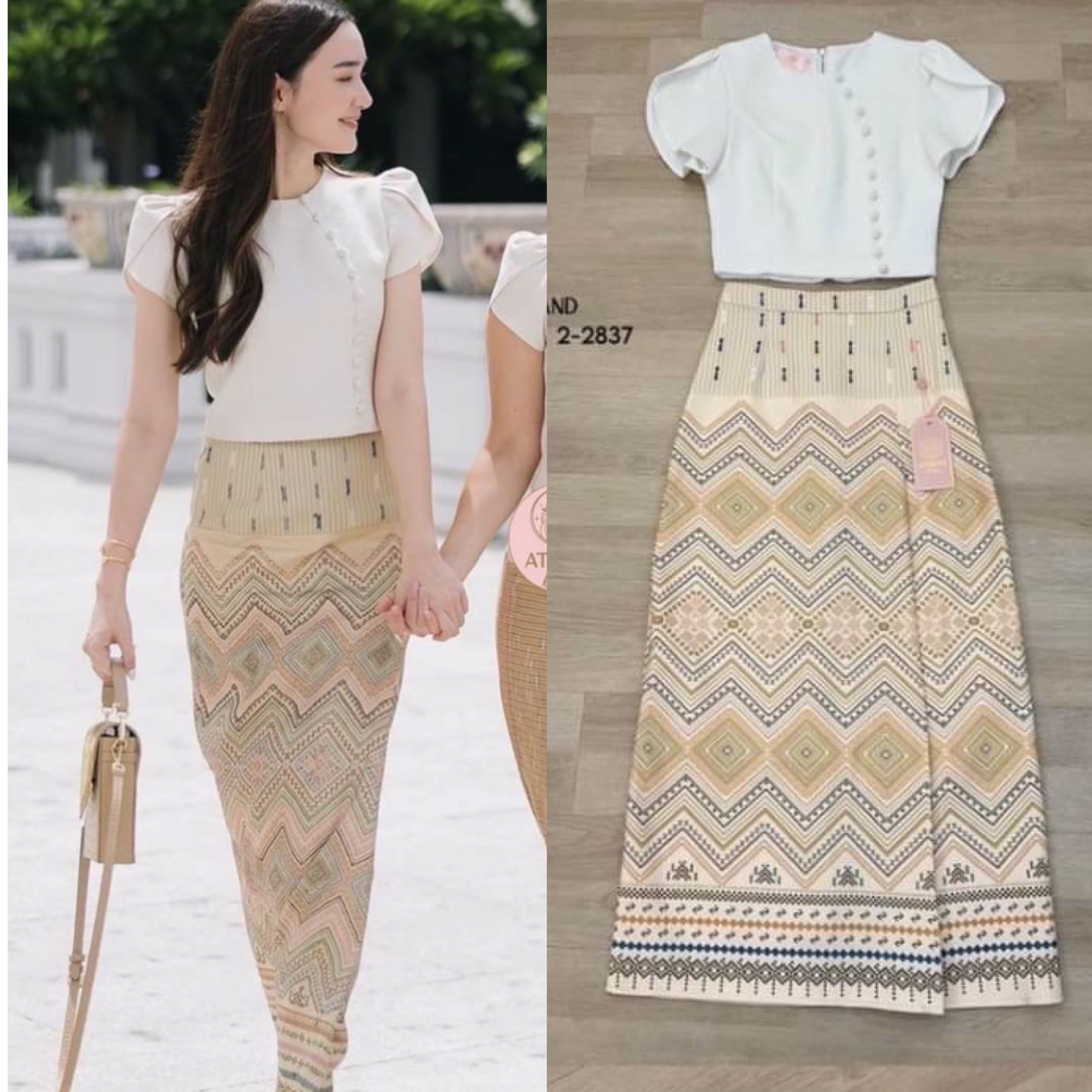 ชุดไทย Set 2ชิ้น เสื้อ+กระโปรง เสื้อคอกลมแขนระบาย ด้านหน้าตกแต่งกระดุมเรียง แมตช์มาคู่กับกระโปรงพิมพ์ลายป้ายทบคล้ายงานผ้าซิ่นป้ายสำเร็จทรงเข้ารูป สินค้าคุณภาพ (พร้อมส่ง)