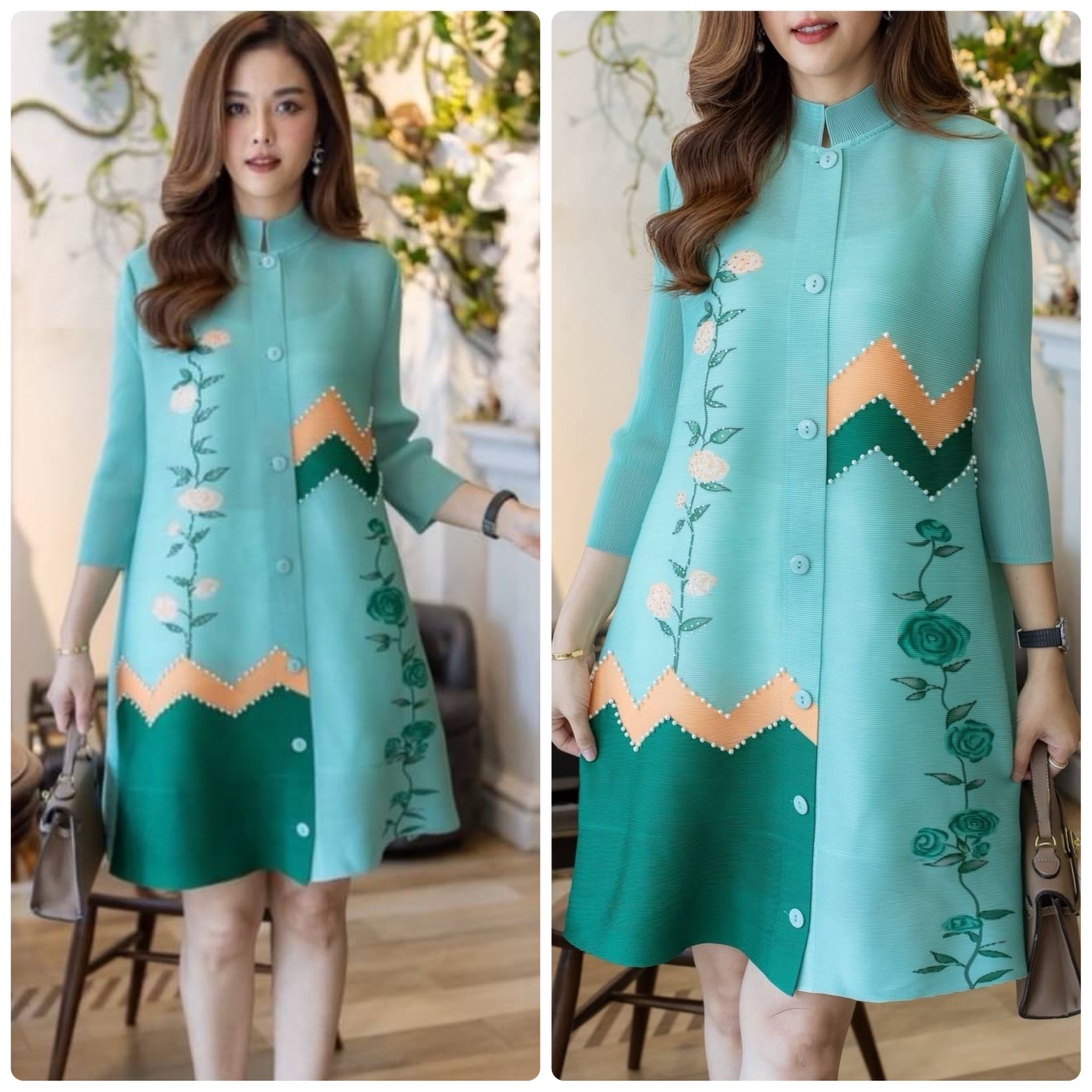 เดรสผ้าอัดพลีท Premium Pleatd Fabric ดีเทลสวยๆพิมพ์ลายประดับด้วยเพชรสุดหรู และมุก ใส่สบาย : สินค้าคุณภาพ (พร้อมส่ง)