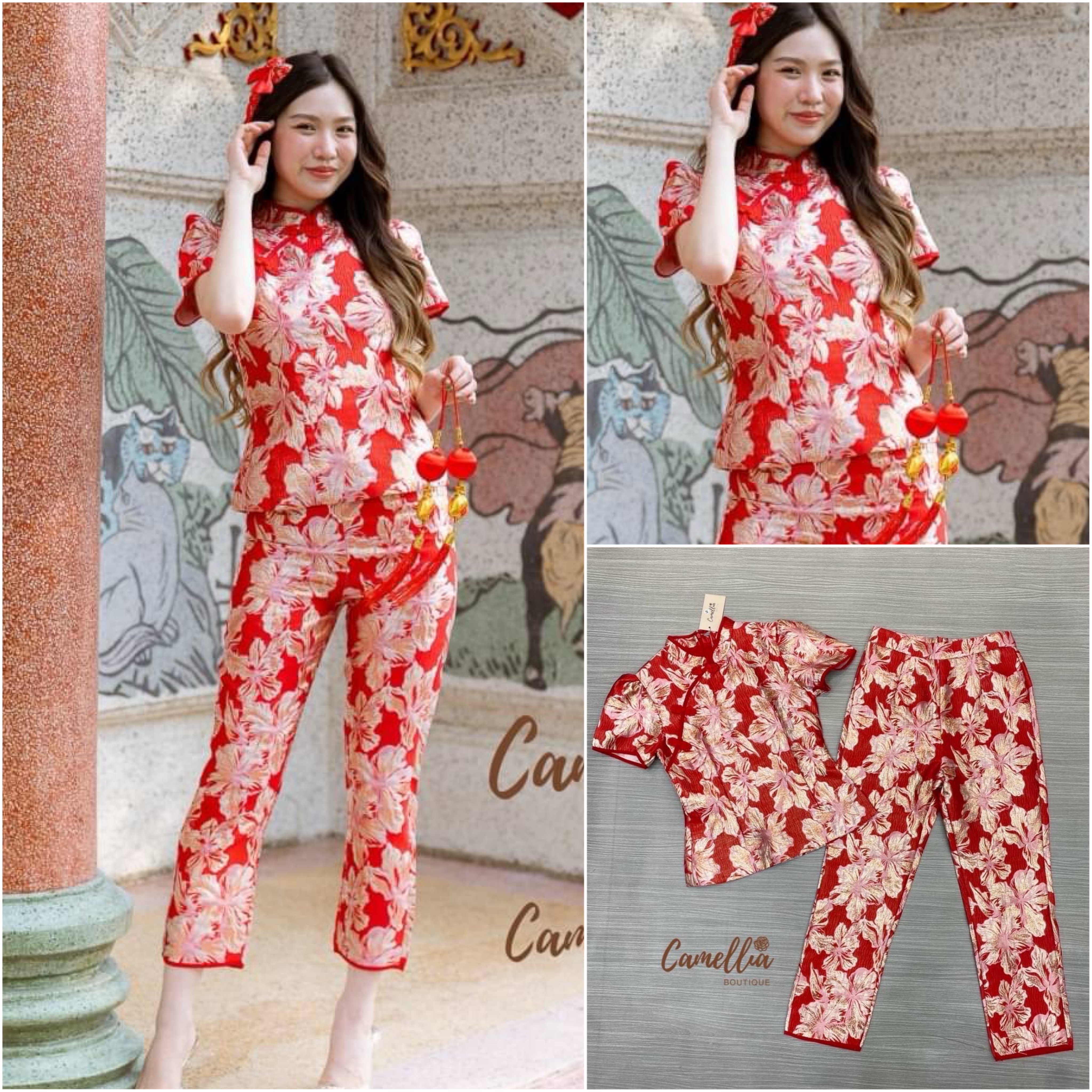 ชุดSetเสื้อคอจีนผ้าทอลายสวยหรูมากคะ มาพร้อมกางเกงยาว9 ส่วน ใส่สบาย : สินค้าคุณภาพ (พร้อมส่ง)