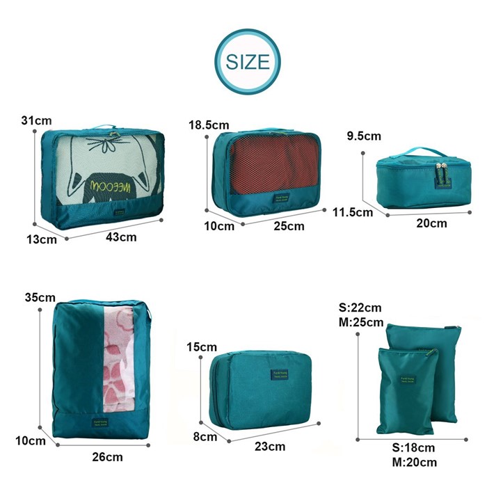 Travel Season กระเป๋าจัดระเบียบเดินทาง 7 ใบ จัดกระเป๋าเดินทาง ท่องเที่ยว ใส่เสื้อผ้า ชุดชั้นใน อุปกรณ์ห้องน้ำ กางเกงใน รองเท้า ถุงเท้า เครื่องสำอาง อุปกรณ์ไอที (Green)
