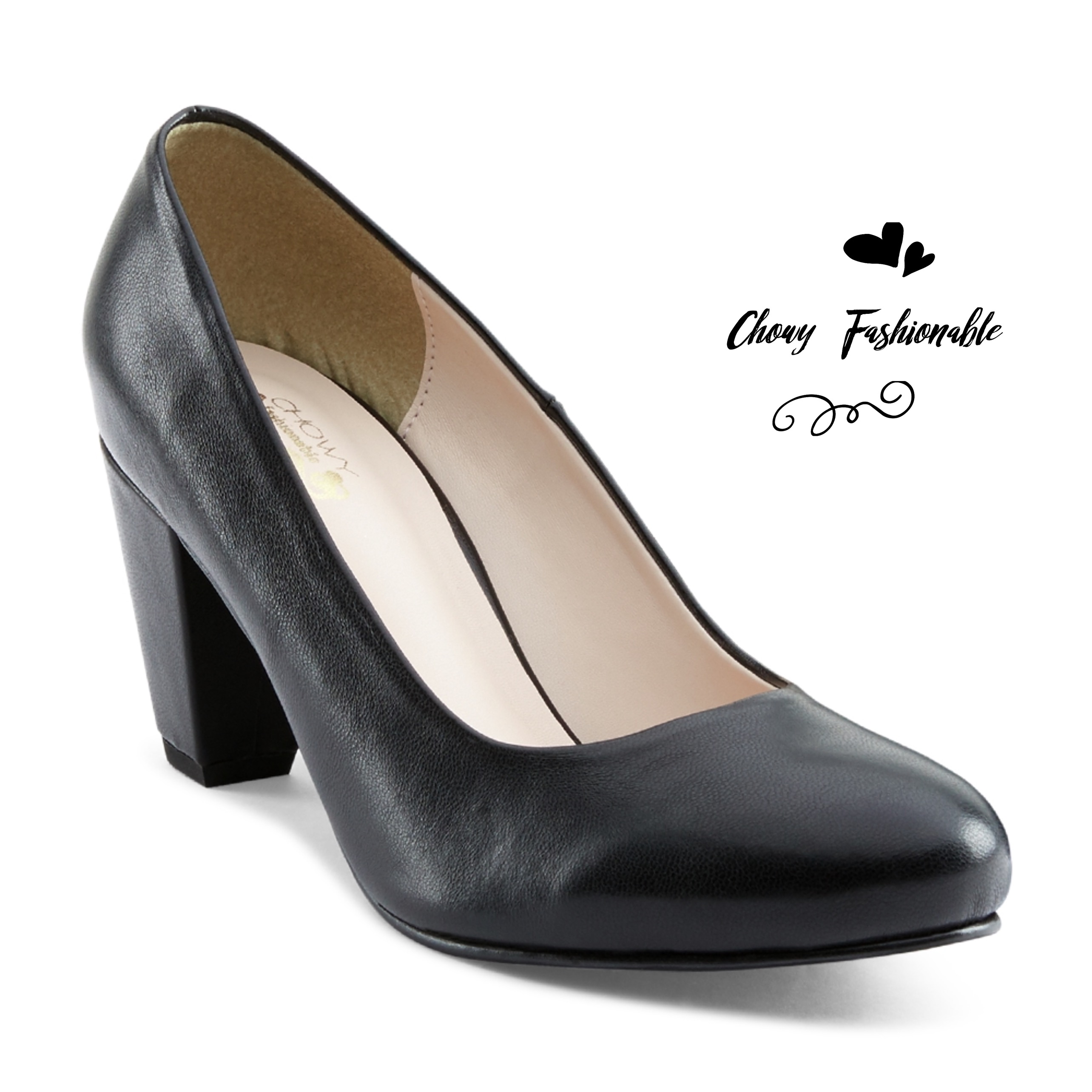 รองเท้าไซส์ใหญ่ 37-50 คัชชูส้นเตี้ย หัวกลม สูง 3 นิ้ว Minimal Classic Style Black สีดำ CHOWY CH0155BL