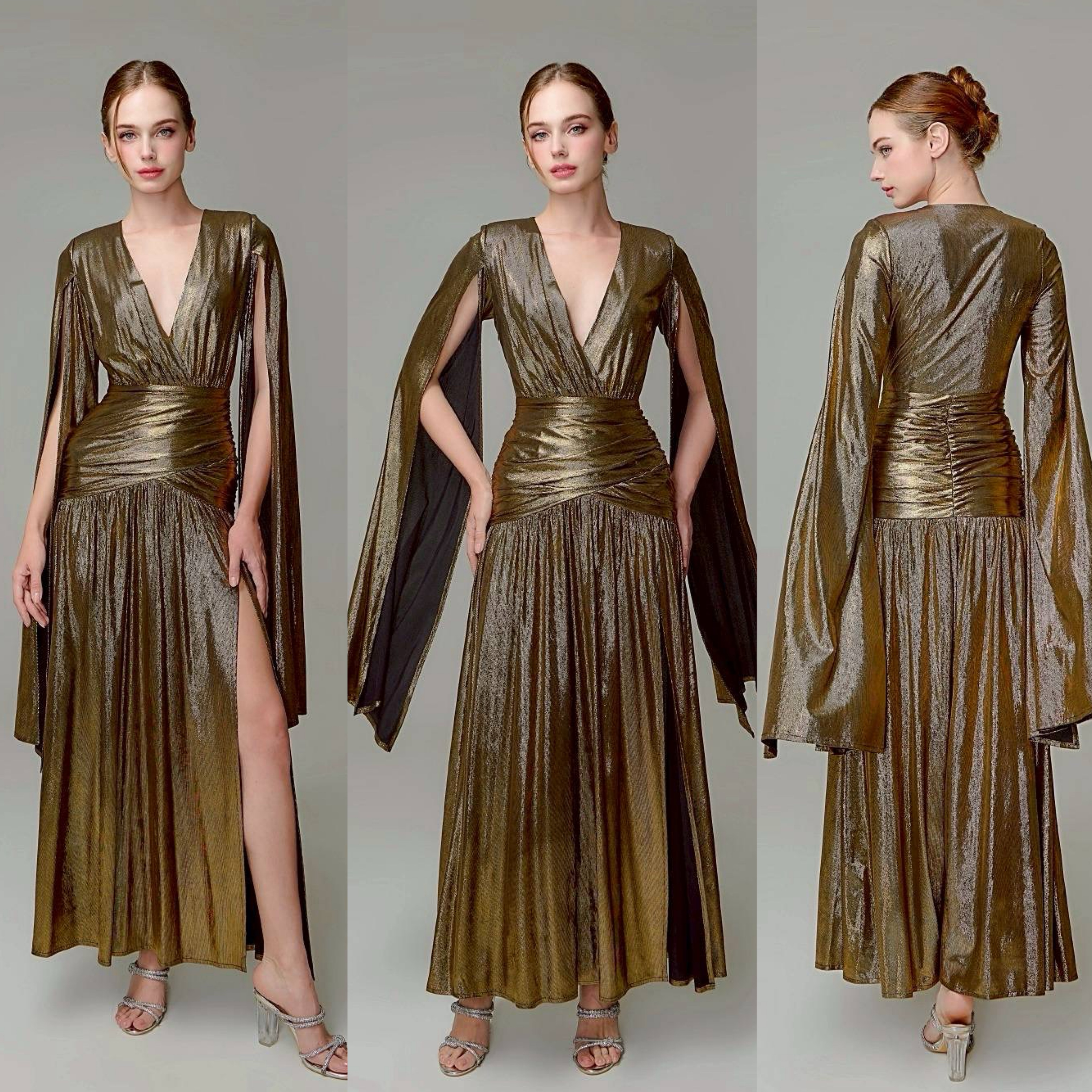 แม็กซี่เดรสเสื้อคอวีป้าย แขนยาวเป็นผ้าคลุมในตัว กระโปรงเข้ารูปตรงสะโพก ผ่าหน้าขา ชายกระโปรงบาน ใส่สบาย : สินค้าคุณภาพ (พร้อมส่ง)