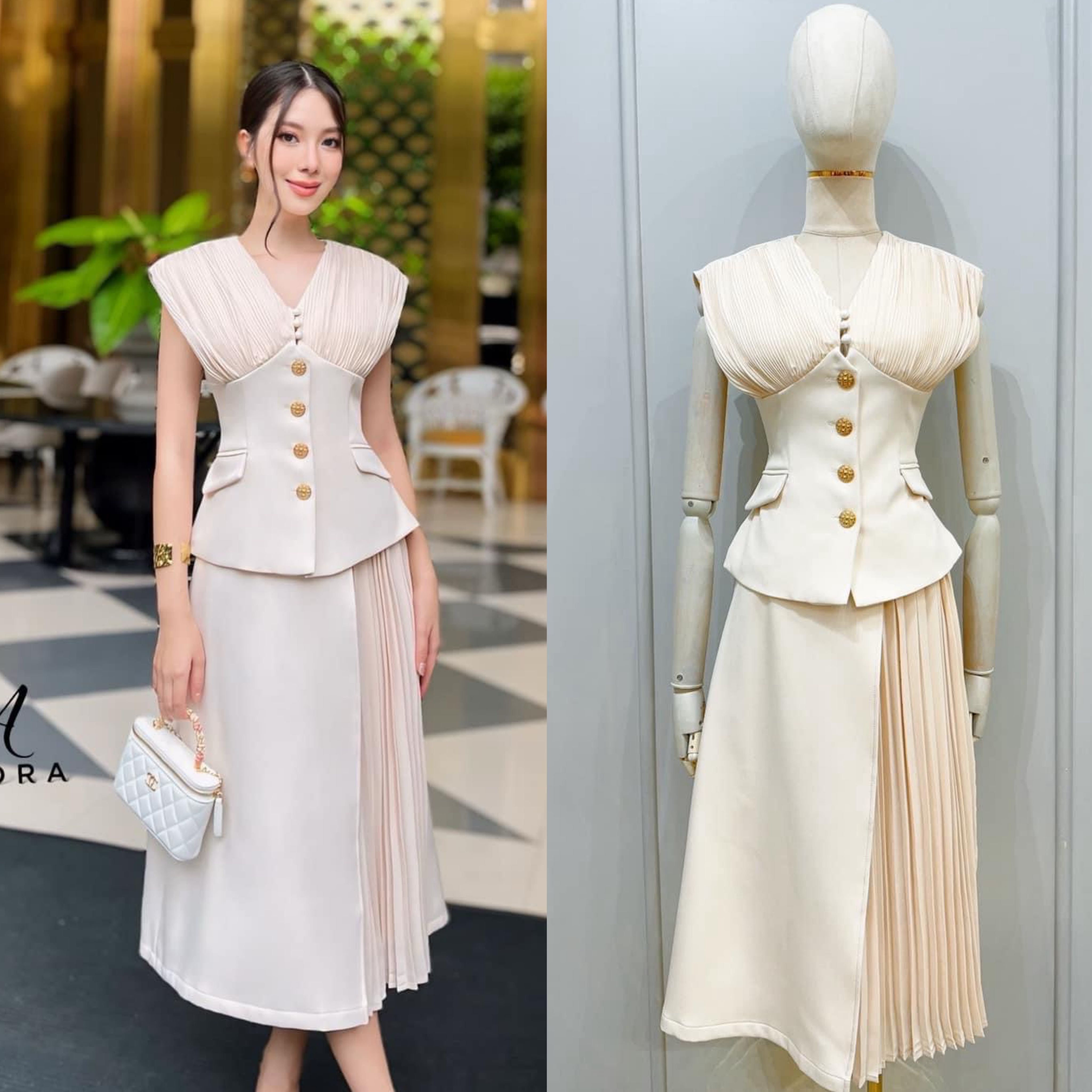 Set เสื้อคอวี +กระโปรงทรงเอ ตัดต่ออัดพลีท ใส่สบาย : สินค้าคุณภาพ (พร้อมส่ง)