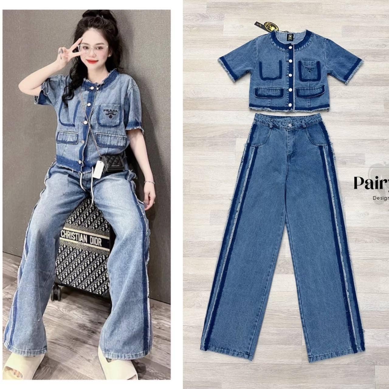 Set ยีน Pd เสื้อแขนสั้นกระดุมหน้า กระเป๋าปักโลโก้ แมตกางเกงยีนขายาวกระบอกใหญ่ สินค้าคุณภาพ (พร้อมส่ง)