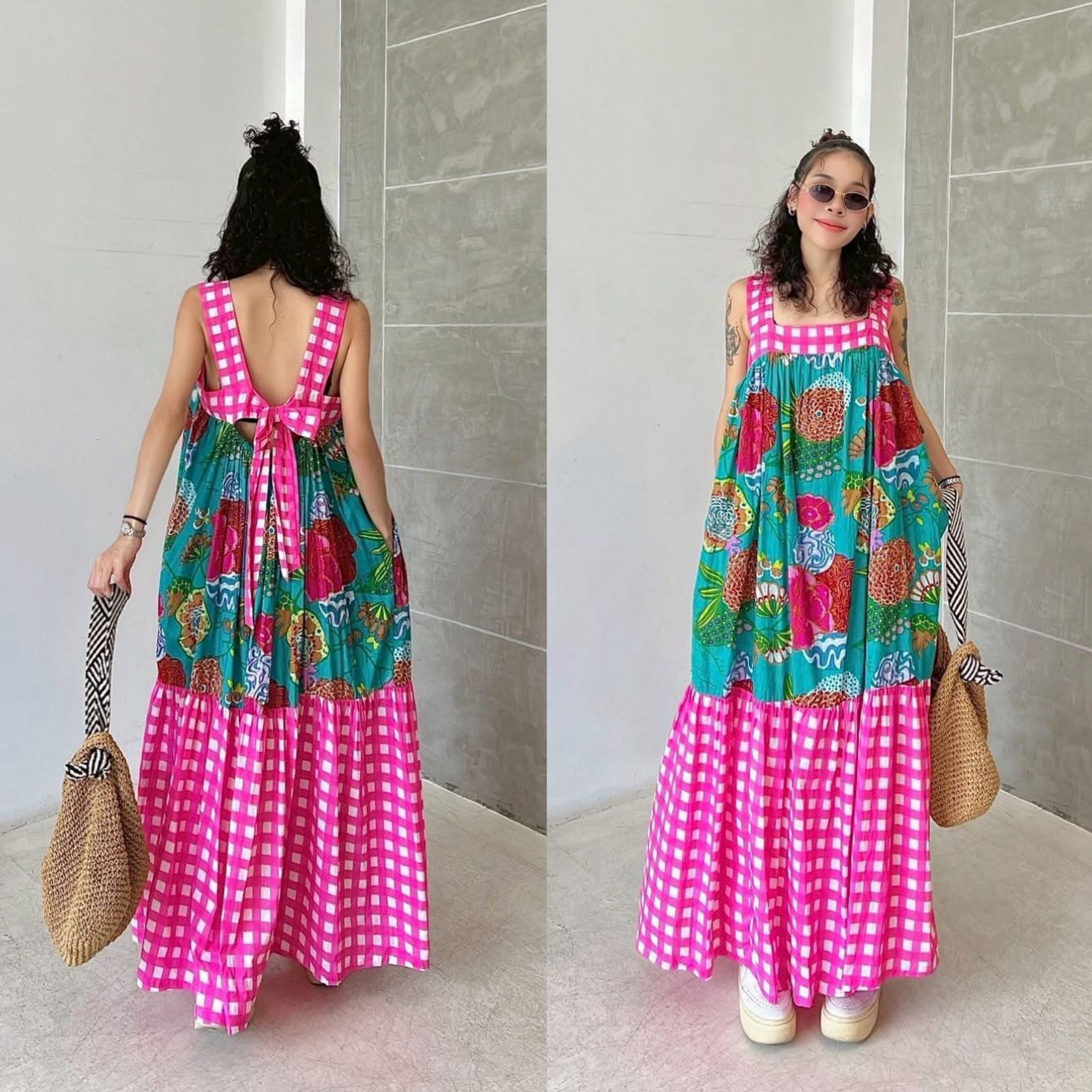 เอี๊ยมกระโปรง ผ้าบล็อคคอทตอลอินเดีย ดีไซน์ผูกโบว์หลัง ระบายชายตัดต่อลาย งานมีสม็อคหลัง+กระเป๋าล้วง ใส่สบาย : สินค้าคุณภาพ (พร้อมส่ง)