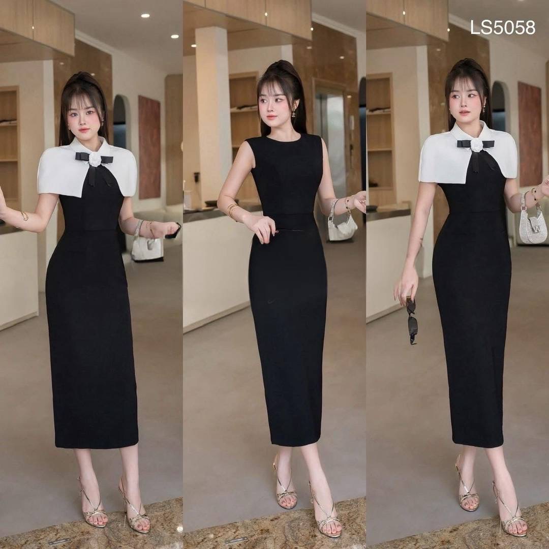 Set 2 ชิ้น เดรสยาวแขนกุดสีดำทรงเข้ารูป อกเสริมฟองน้ำ ซิปหลังช่อน มีชับในตัว มาพร้อมเสื้อคลุมไหล่สั้นสีขาวมีเข็มกลัดดอกไม้สีขาวตกแต่งด้วยริบบิ้นสีดำ ใส่สบาย : สินค้าคุณภาพ (พร้อมส่ง)