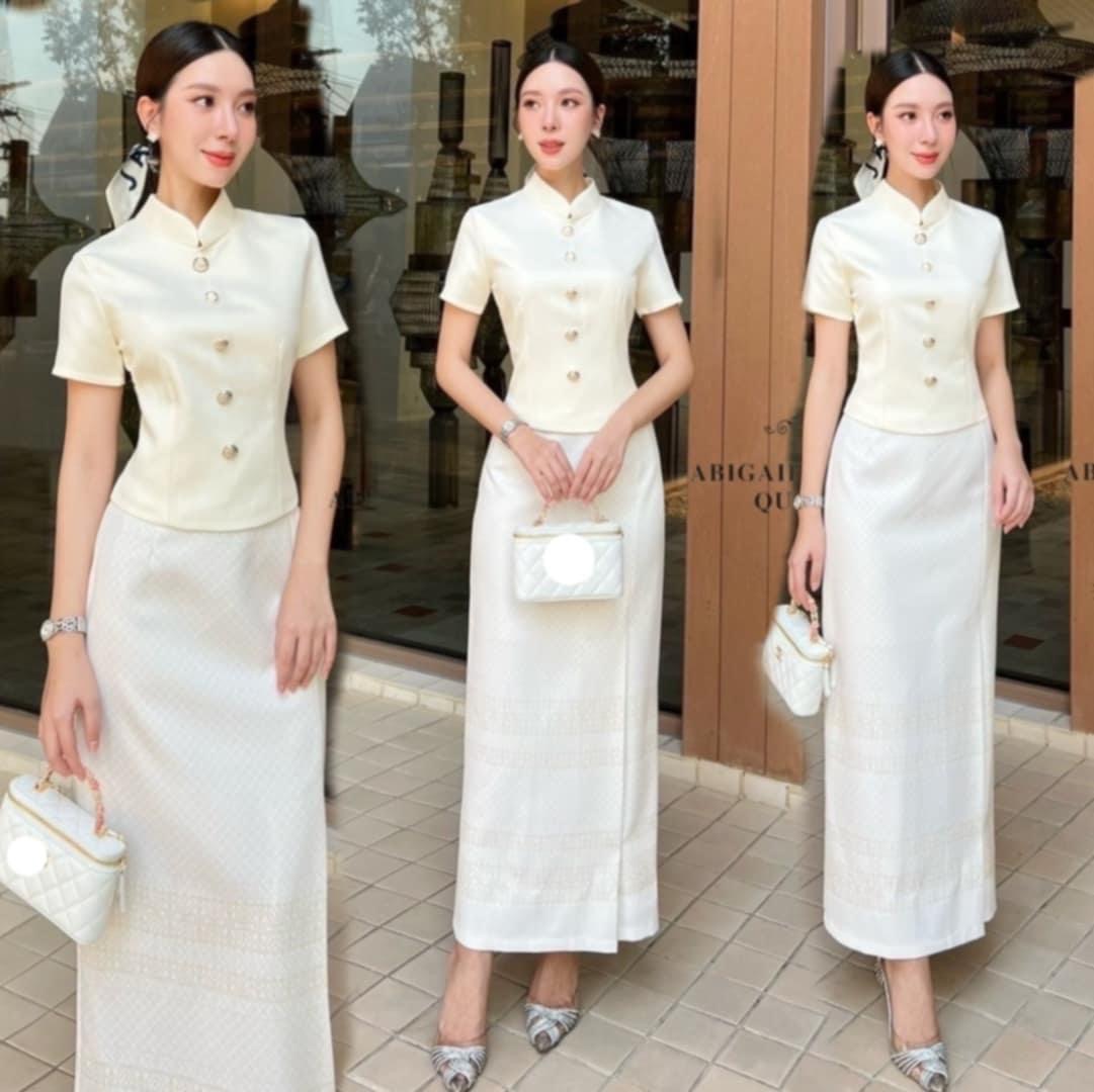 Set เสื้อมีซับใน มาพร้อมผ้าถุงสำเร็จลายไทยจับจีบด้านหน้า ผ้าใส่สบายไม่ร้อนงานอัดกาวทั้งเซต ใส่สบาย : สินค้าคุณภาพ (พร้อมส่ง)